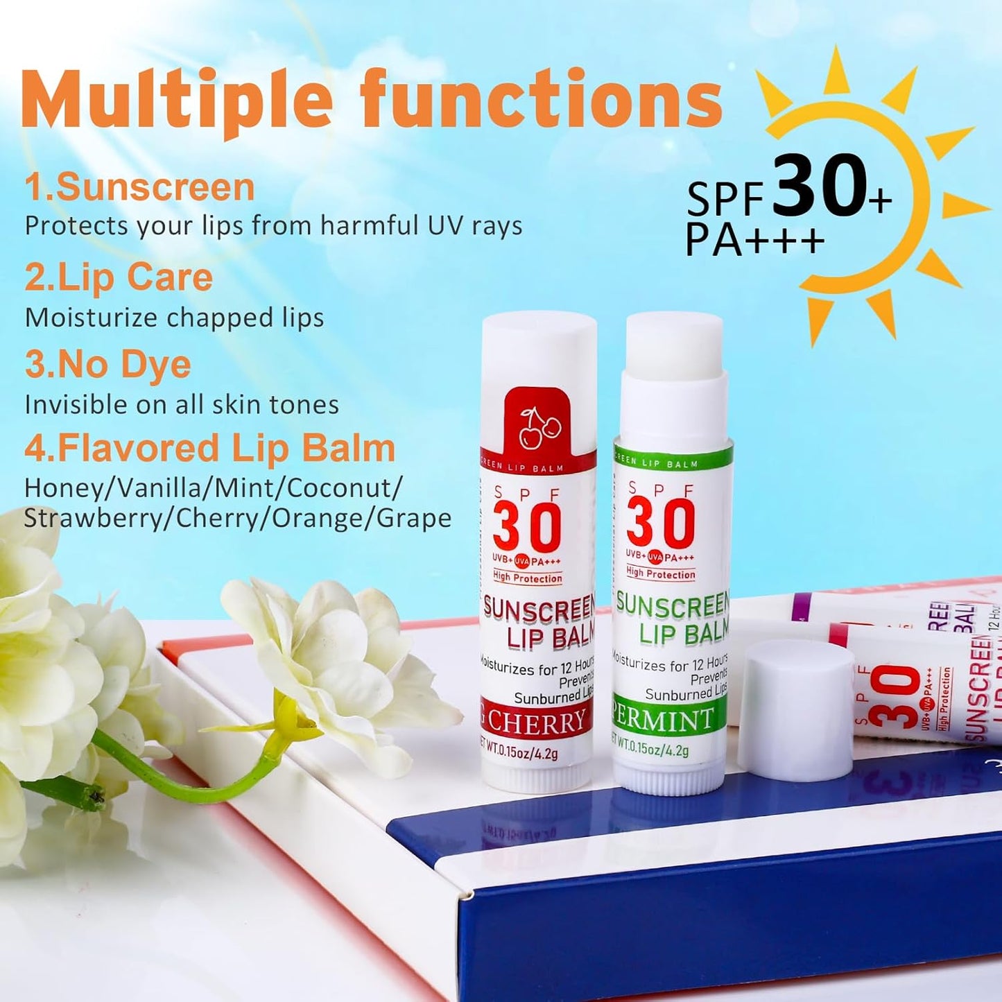 SPF 30 Lip Balm with Sunscreen, SPF Lip Balm Bulk Travel Size-32 Pack, Hydrating Lip Balm Pack with Vitamin E and Coconut Oil- 8 Flavors