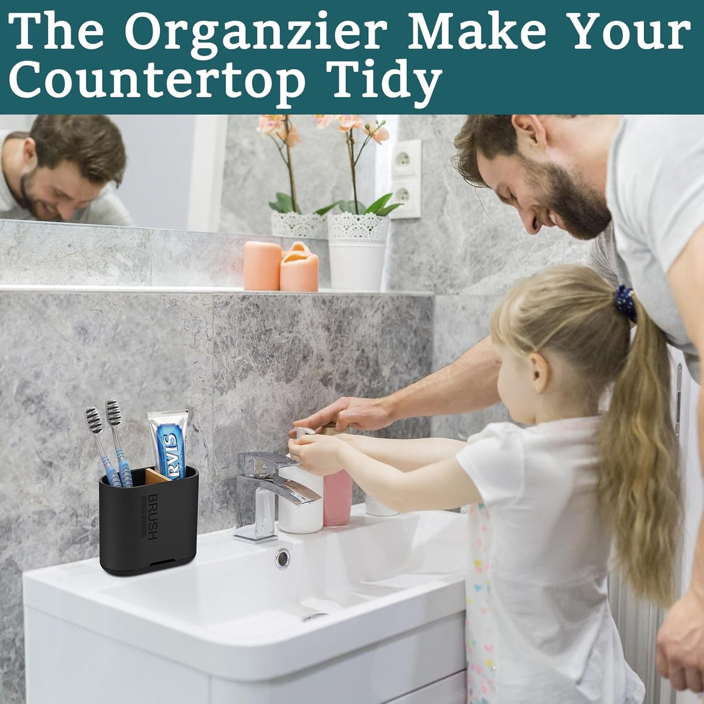 Toothbrush and Toothpaste Holder with Bamboo Divider for Bathroom Countertop Organizer, Detachable for Easy Clean, 2 Slots Electric Toothbrush Holders Storage Caddy Drainage for Family-Black