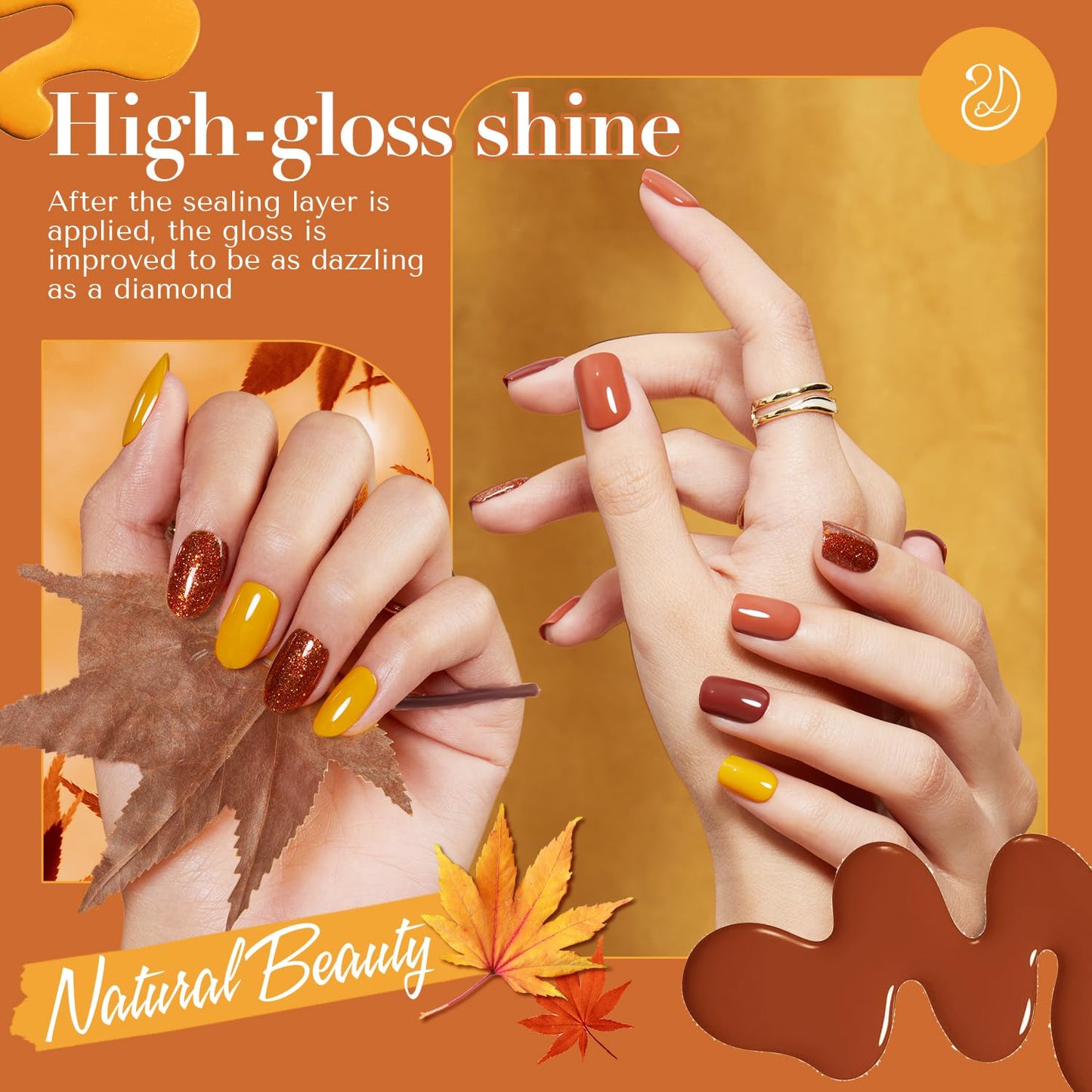AZUREBEAUTY Fall Nail Polish Set, 4 Colors Yellow Orange Brown Glitter Quick Dry Natural Nail Lacquer Strengthening Treatment Kit with Top Coat DIY Salon at Home