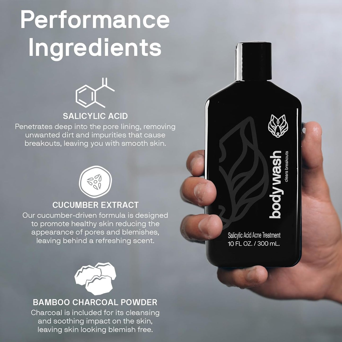 Black Wolf Salicylic Acid Body Wash for Men - 10 Fl Oz Men's Acne Body Wash - Charcoal Helps Reduce Acne Breakouts & Cleanse Your Skin - Full Coverage & Deep Clean Treatment - Men's Bodywash