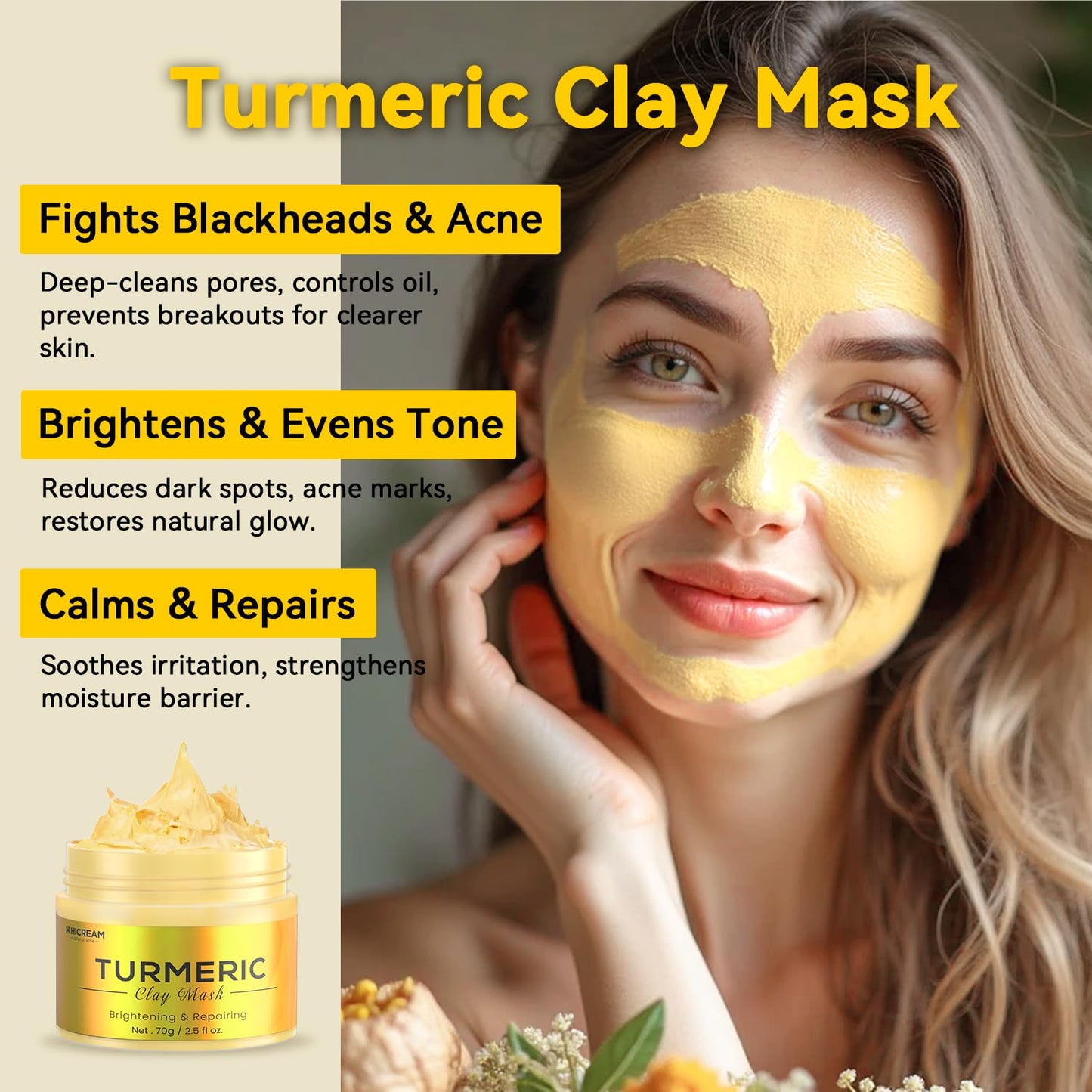 Turmeric Clay Mask, Green Tea, Dead Sea Minerals Mud Mask, Spa Facial Mask 3-Piece Set for Deep Cleansing, Moisturizing and Refining Pores, Vegan & Cruelty-Free, 7.5 fl.oz