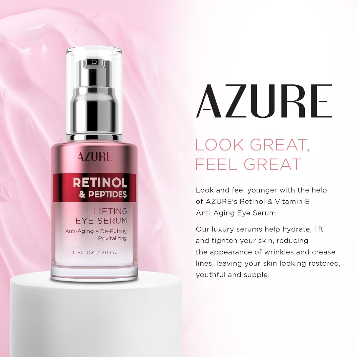 AZURE Retinol & Peptides Lifting Eye Serum - Anti Aging, De-Puffing & Revitalizing - Reduces Wrinkles, Fine Lines & Dark Under Eye Bags - Calms & Soothes - Made in Korea - 30mL / 1 fl.oz.