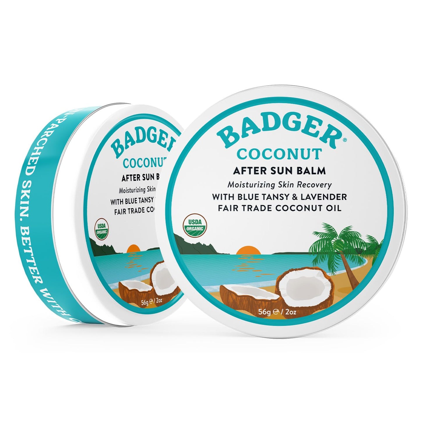 Badger Coconut AfterSun Balm, 100% Organic Soothing Sunburn Relief, Great Smelling, Moisturizing & Hydrating After Sun Skin Care, 2 oz Tin