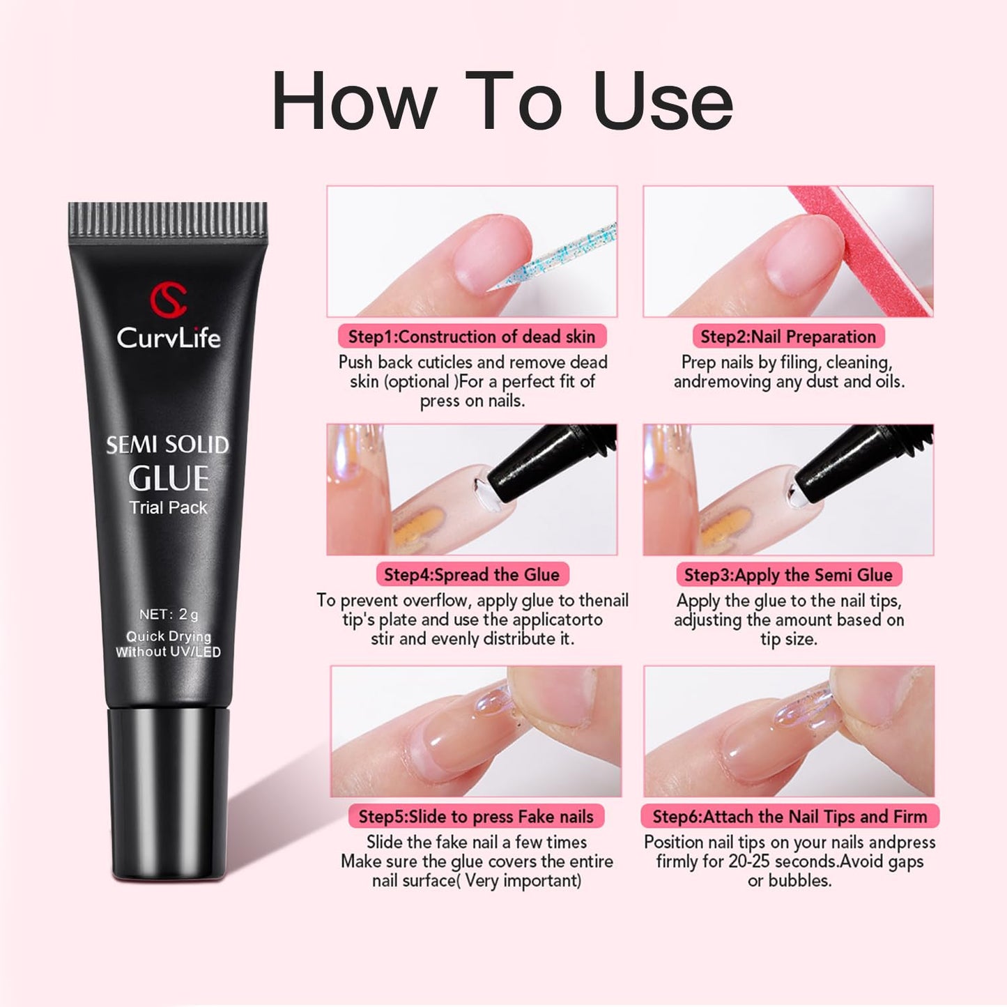 CurvLife Nail Tips Semi Solid Nail Glue 2g (5pcs) - Super Strong, Soft Glue Gel Quick Drying Adhesive for Press On Nails, No UV Light Needed