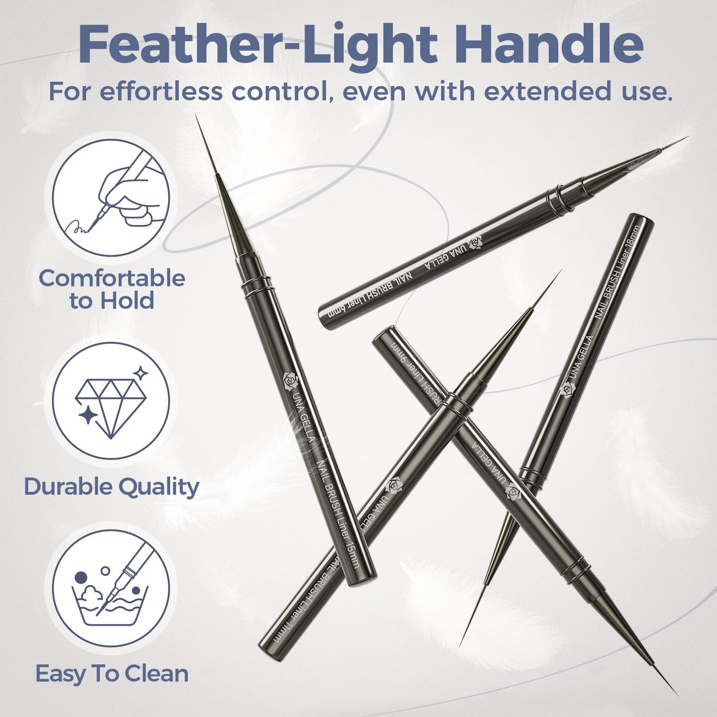 UNA GELLA Nail Art Brushes Metallic, Liner Pens 5Pcs Set For Nail Art Gel Polish, Gray Color, Detail Nail Art Design Painting Brush Set For Nails Gel Fine Drawing Nail Tools, 6/9/11/15/18mm Sizes