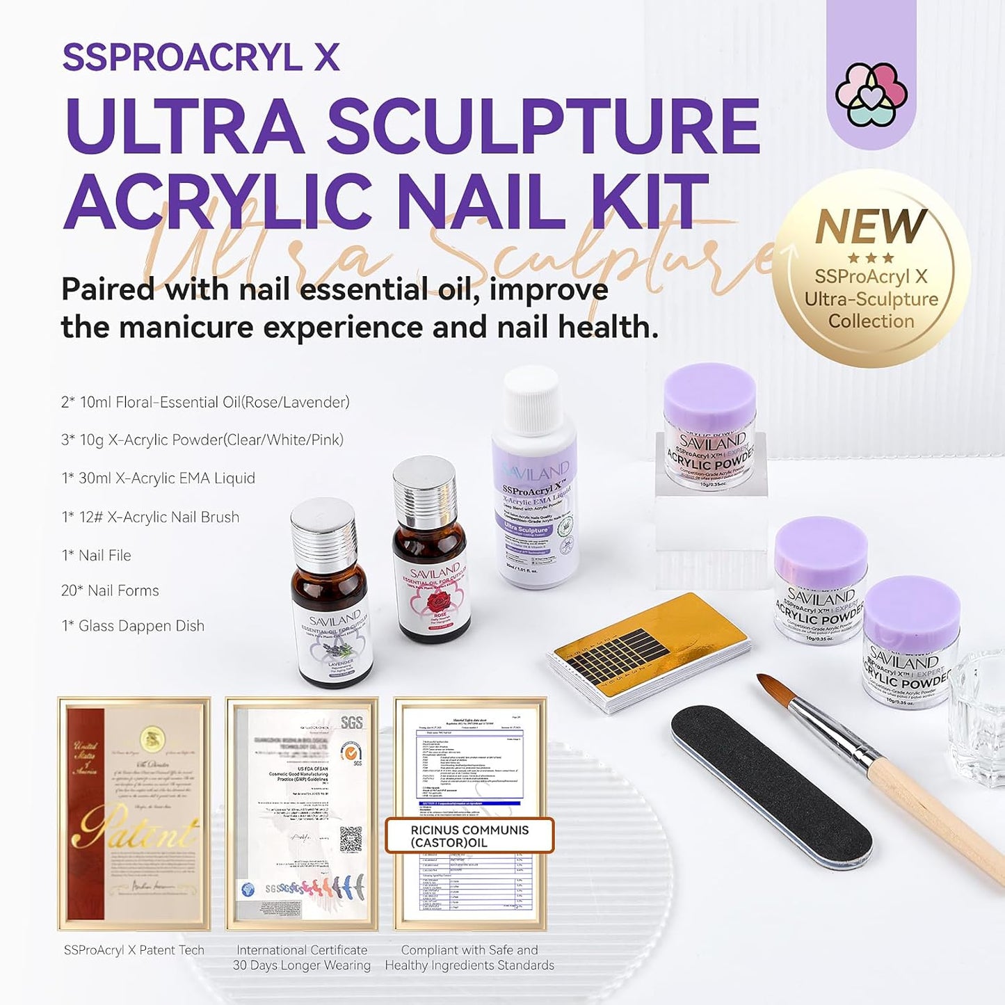 SAVILAND Acrylic Nail Kit for Beginners: White Pink Clear Acrylic Powder and Liquid Set with EMA Acrylic Liquid Monomer Nail Brush Forms Tools and Cuticle Essentials Oil for Nails Home Manicure DIY