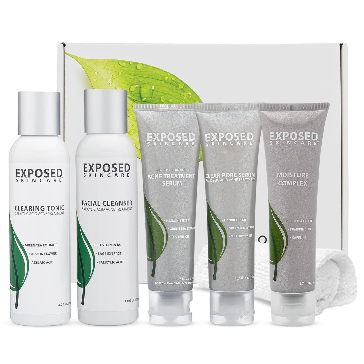 Exposed Skin Care Expanded Acne Treatment Kit - Includes Salicylic Acid Face Wash, Clearing Tonic, Treatment Serum with Benzoyl Peroxide, Clear Pore Serum, Moisture Complex - Made for All Skin Types