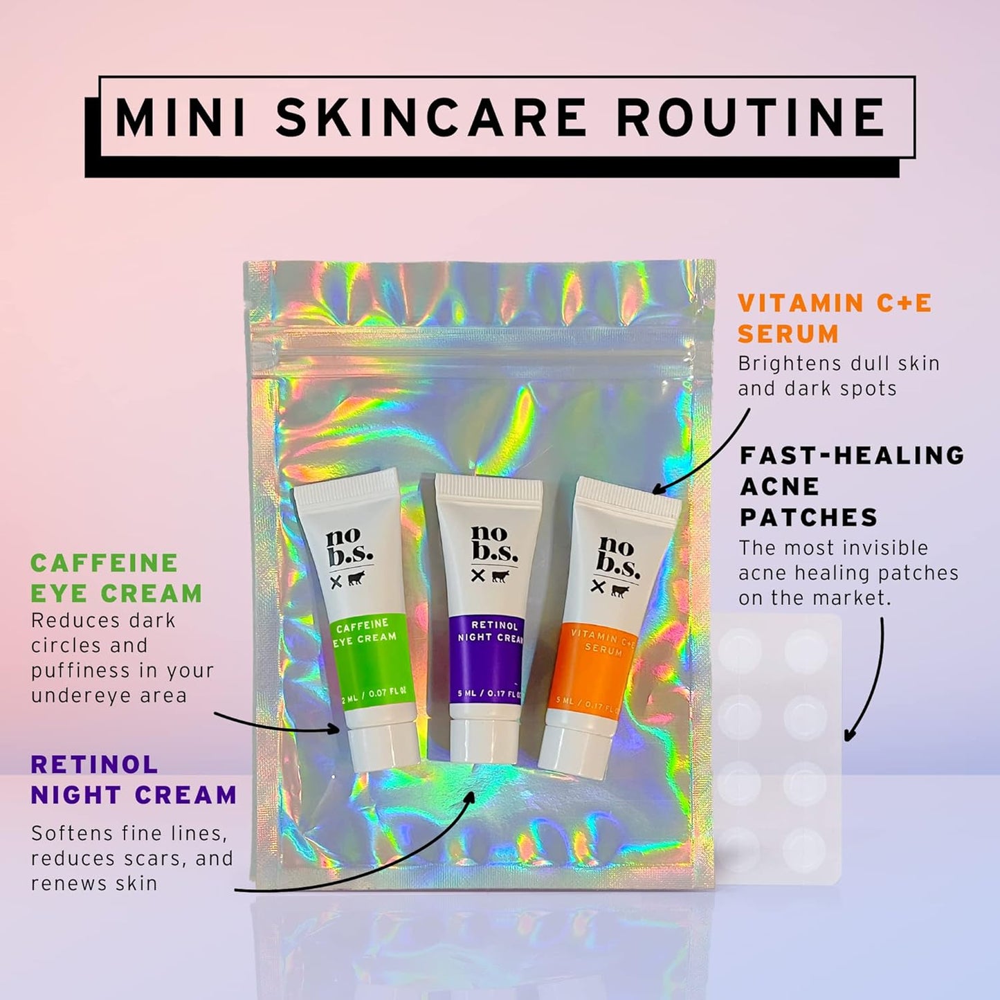 No B.S. (No Bad Stuff) Skincare Minis Kit, Vitamin C & E Serum with Hyaluronic Acid, Retinol Night Cream, Caffeine Eye Cream & Invisible, Waterproof Acne Patches, 4 Product Trial Size