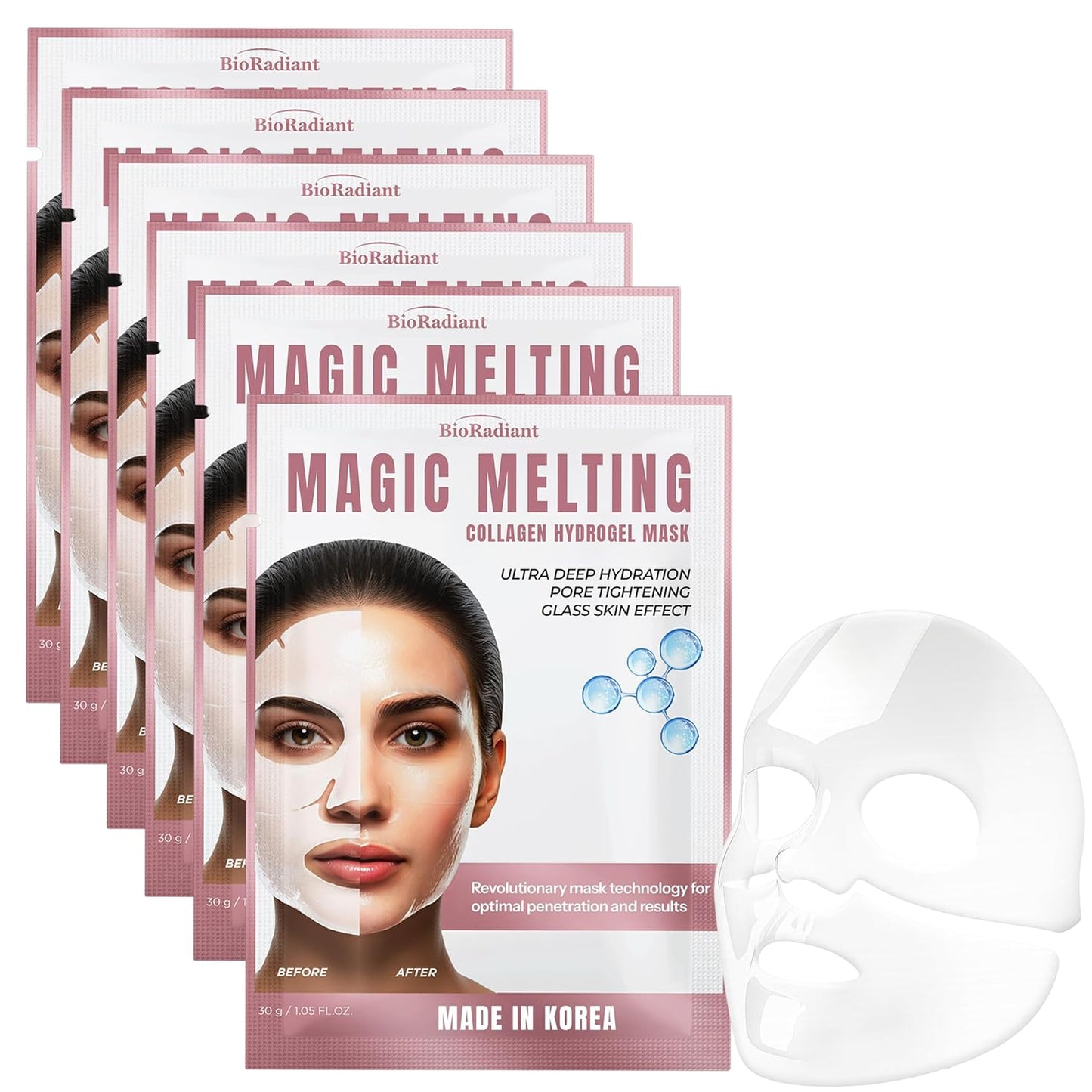 Magic Melting Face Mask - Collagen Ultra Hydrating Overnight Hydrogel Mask, Pore Minimizer For Face with Glass Skin Effect - Vegan, Clean Beauty, Made in Korea - Pack of 6