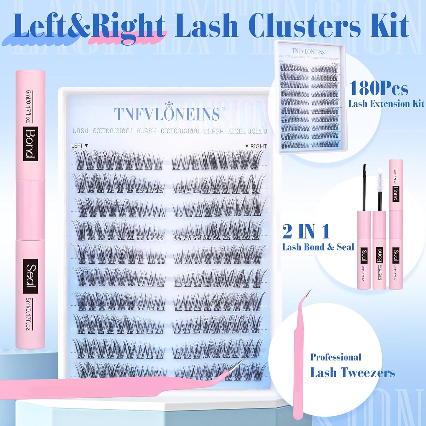 Wispy Lash Extension Kit Natural Lash Clusters 180Pcs Individual Lashes Clusters Kit Natural Eyelash Extension Kit C Curl Cluster Eyelash Extensions with Bond and Seal and Tweezers by TNFVLONEINS