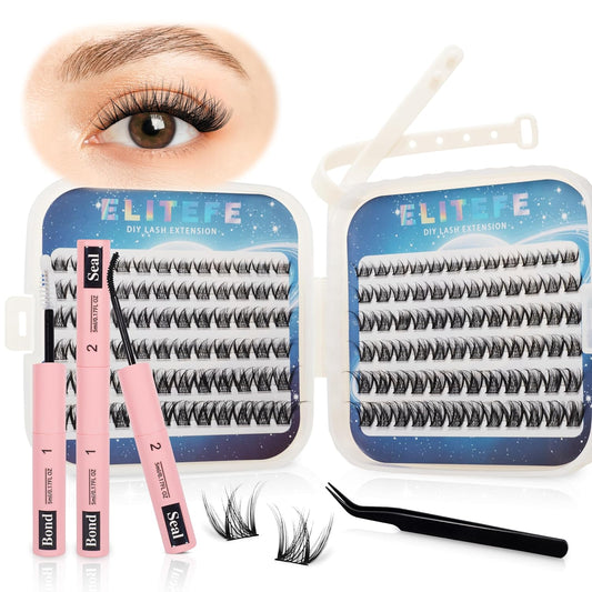 Lash Extension Kit DIY Lash Clusters Kit Eyelash Extensions Individual Lashes Extensions with (Bond,Seal,Tweezers,132Pcs,Pixie,0.07D,10-16mm)