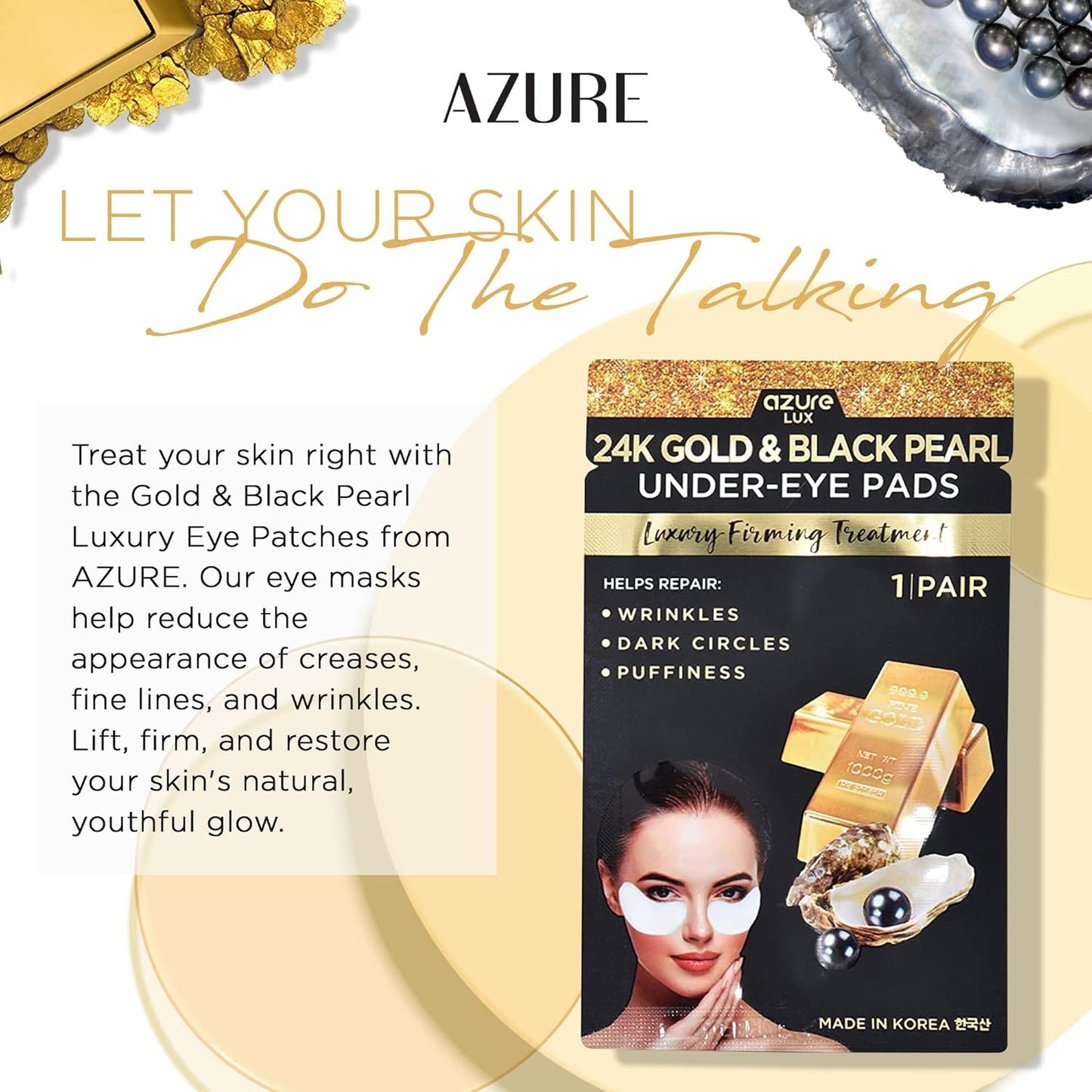 AZURE 24K Gold & Black Pearl Luxury Firming Under Eye Pads - Moisturizing & Restoring Eye Mask Patches - Reduces Fine Lines, Wrinkles, Dark Circles & Puffiness - Skin Care Made in Korea - 5 Pairs