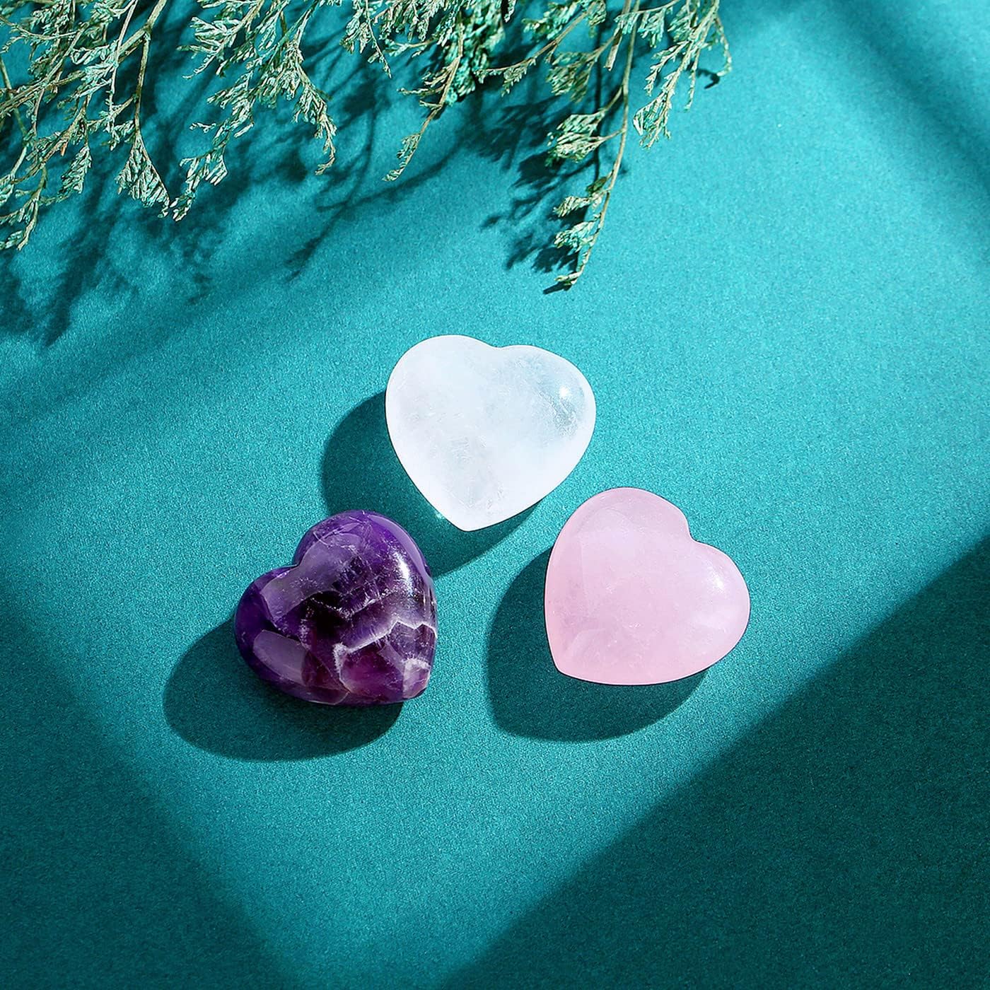 QINJIEJIE 1.2" Large Heart Crystals Rose Quartz Amethyst Healing Clear Crystal Heart Shape Love Stones Gemstones Stone Polished Thumb Gemstones Therapy Reiki Energy Balancing Gifts 3 Pcs