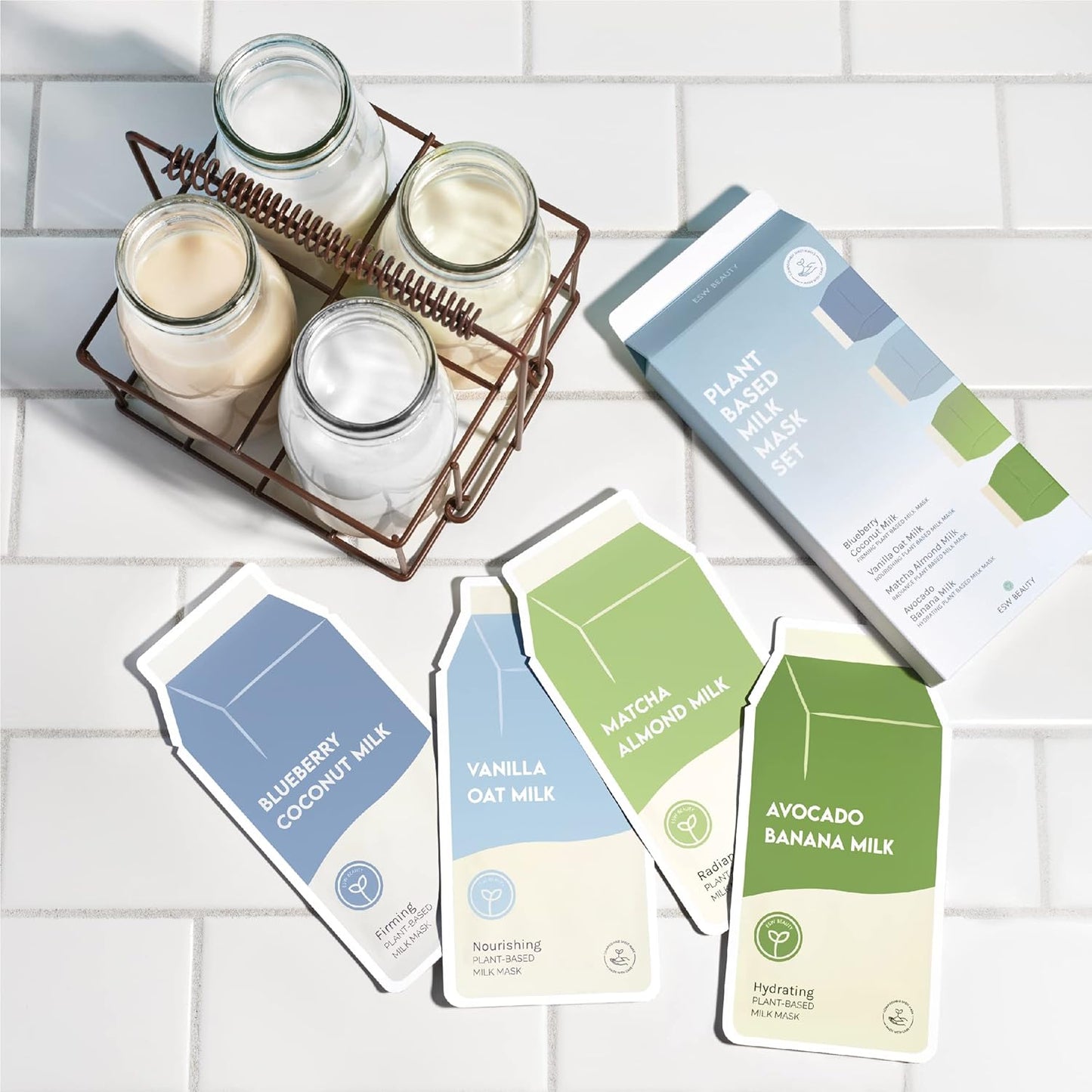 ESW Beauty Plant-Based Milk Face Masks - 4-Pack Skincare Set - Hydrating, Radiance, Firming & Soothing with Avocado, Matcha, Blueberry, Vanilla & Oat Extracts for All Skin Types