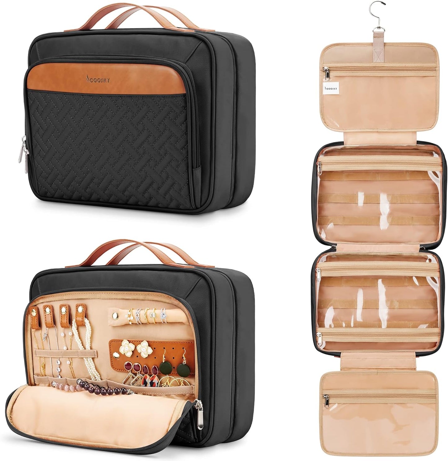 Travel Hanging Toiletry Bag for Women, Holds Full-Size Shampoo, with Jewelry Organizer Compartment, Extra Large Makeup Bag, Waterproof Cosmetic Bag, Toiletries Kit Set with Trolley Belt, Black