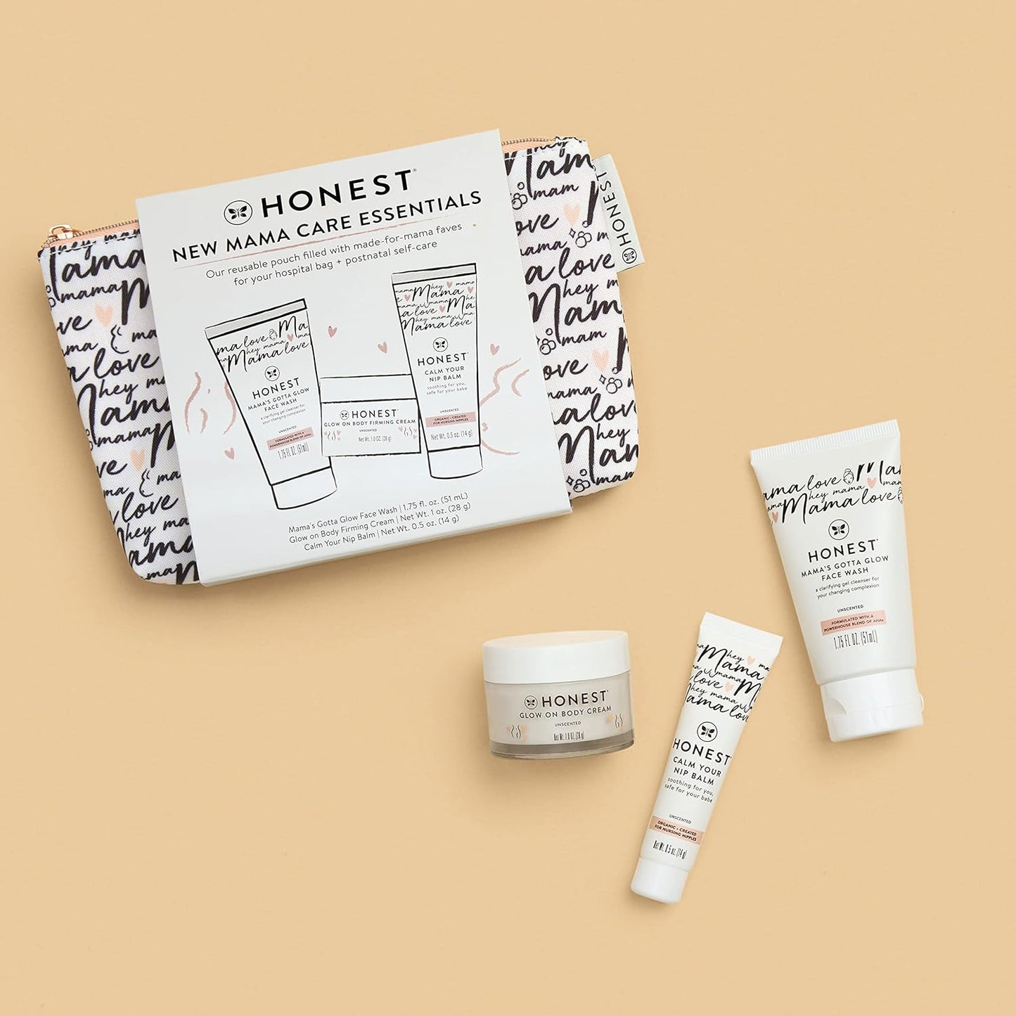 The Honest Company New Mama Care Essentials Gift Set | Hospital Bag Must Haves | Travel Size Nip Balm (0.5 oz), Glow On Body Cream (1 oz), Gotta Glow Face Wash (1.75 fl oz), Reusable Pouch