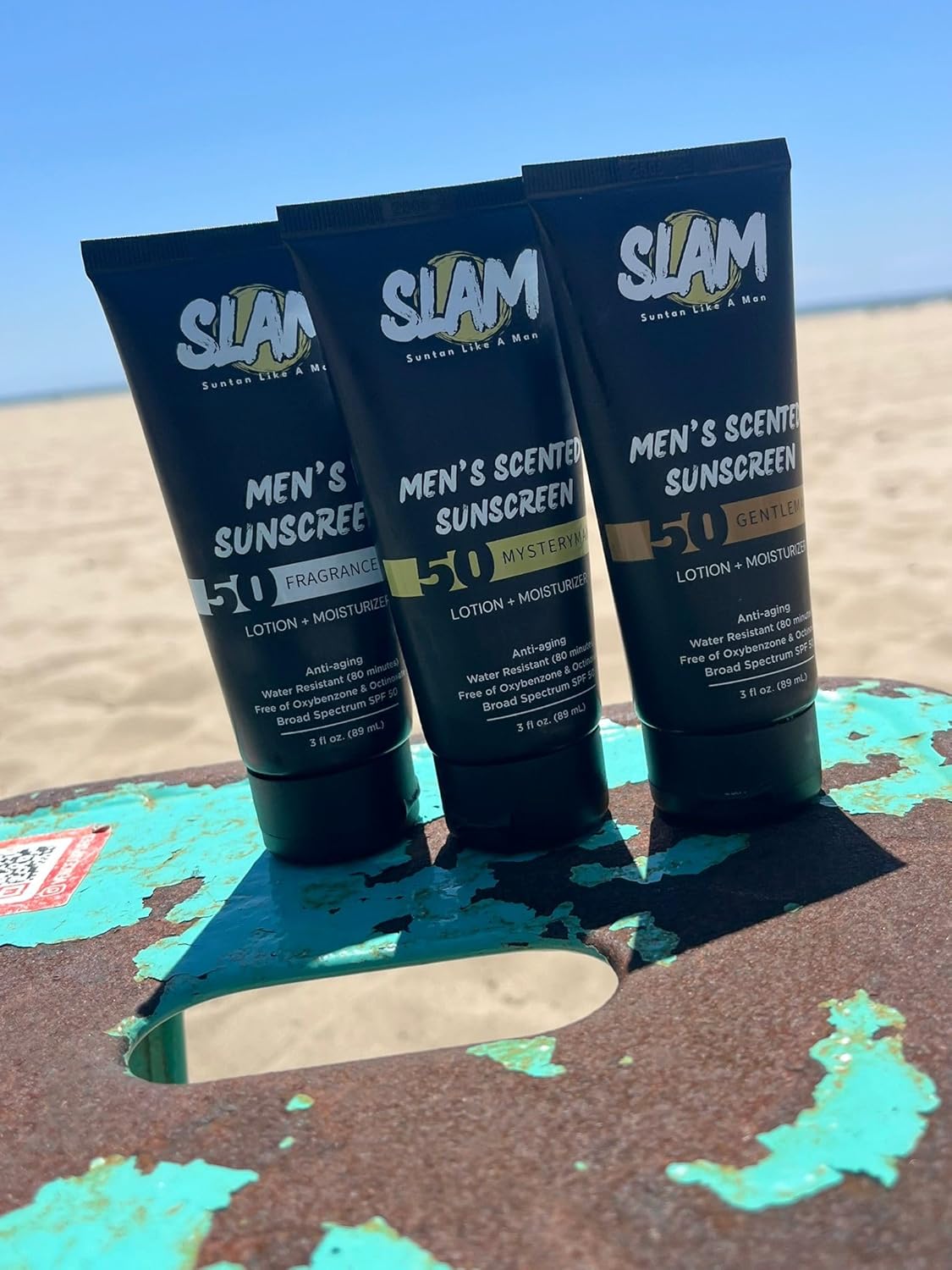 SLAM Men's Sunscreen Lotion SPF 50 & Moisturizer – Face & Body Sunblock, Anti-Aging, Water-Resistant, Hawaii Act 104 Safe, Skincare for Men, Scented & Unscented – 3 fl oz. each- Trio pack.