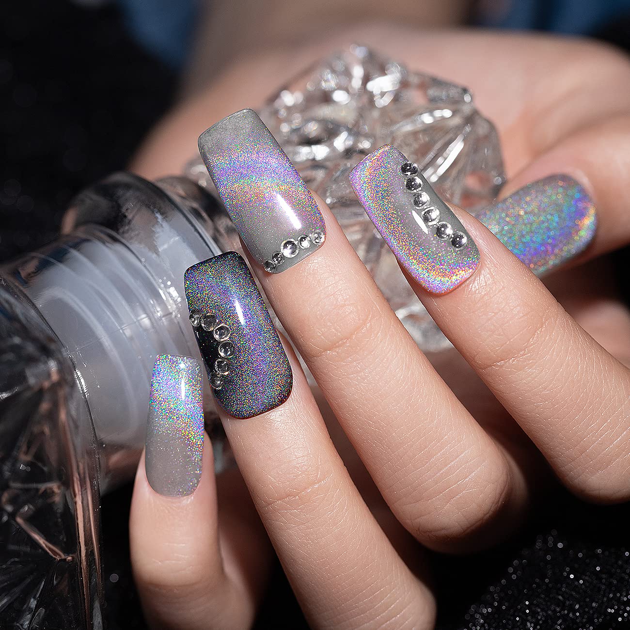 RARJSM Silver Holographic Glitter Gel Cat Eye Gel Nail Polish, Gelpolish Galaxy Rainbow Effect Universal Without Magnet Soak Off U V L E D DIY Manicure Art for Salon Designs and Home DIY 7.5ML