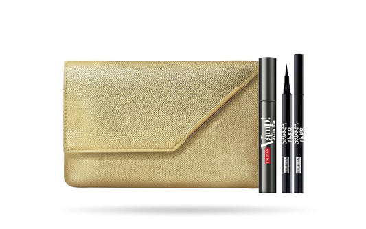 PUPA Milano Vamp! All In One And Skinny Liner Set - Volume Mascara And Ultra-Slim Eyeliner Pen - Naturally Formulated To Lengthen And Strengthen Lashes - Beautiful Gold Handbag - 3 Pc Mascara Kit