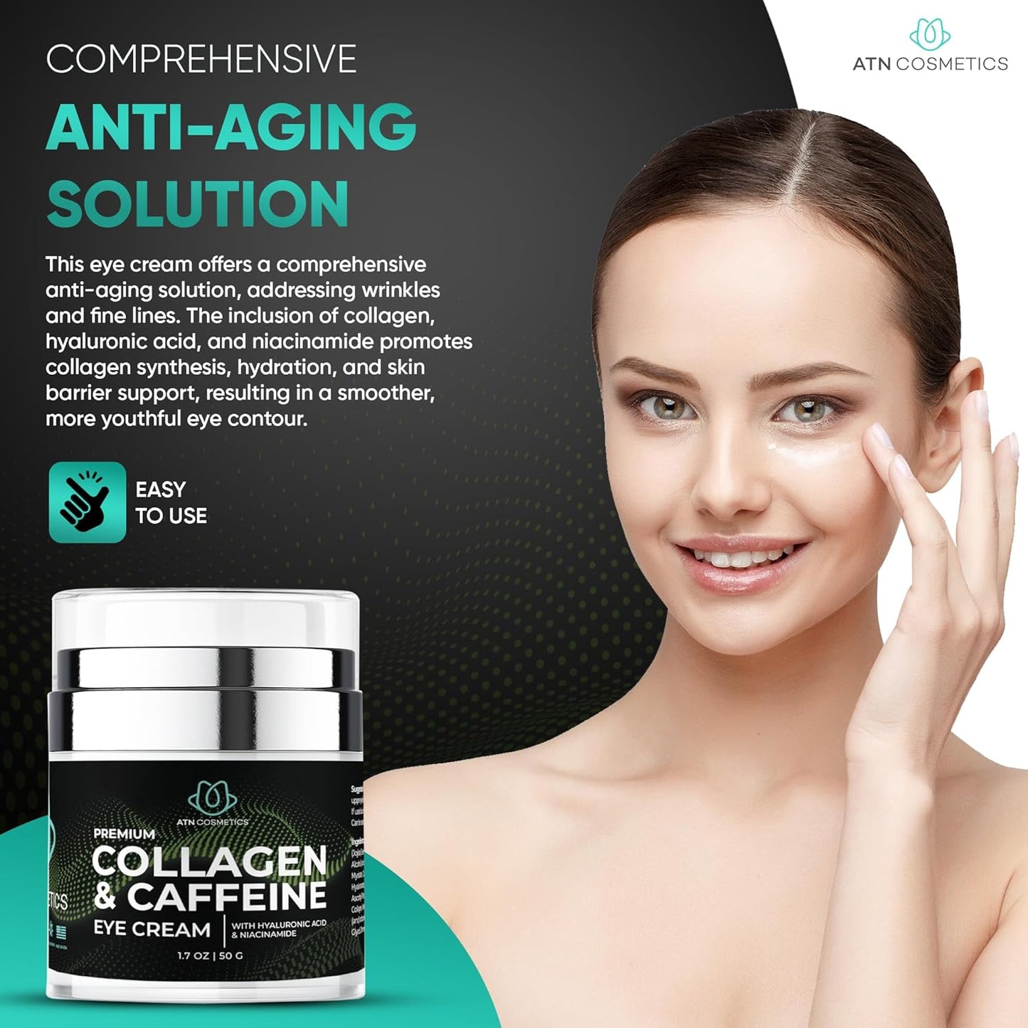 Collagen Eye Cream for dark circles, Eye Cream with caffeine, For Crows Feet & Dark Circles, and Puffiness, Infused with Hyaluronic Acid & Niacinamide, 1.7 OZ / 50 G