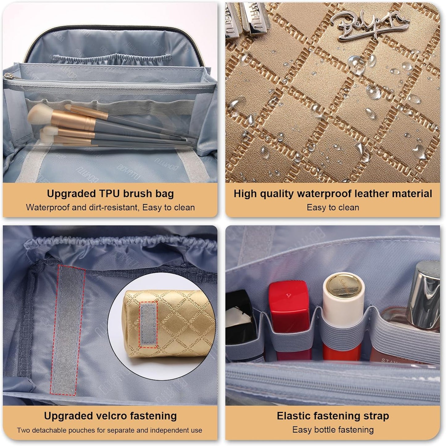 BOYATU Travel Makeup Bags Cosmetic Organizer Bag: 3-Set Large Capacity Make up Bag - PU Leather Toiletry Bags for Women - Wide Open Portable Pouch with Divider & Handle (07-Gold)