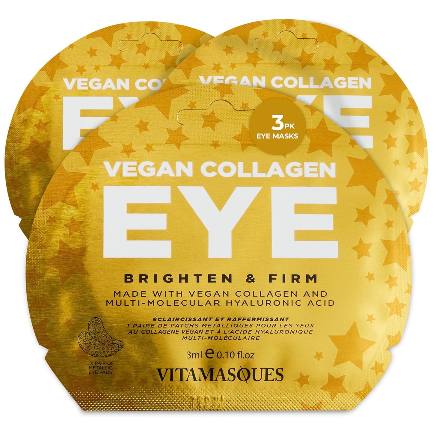 Vitamasques Vegan Collagen Eye Pads, 3-Pack - Firming & Brightening - Anti Aging Under Eyes Mask to Reduce Fine Lines, Puffiness, Wrinkles & Dark Circles - Hyaluronic Acid - Vegan & Cruelty-Free