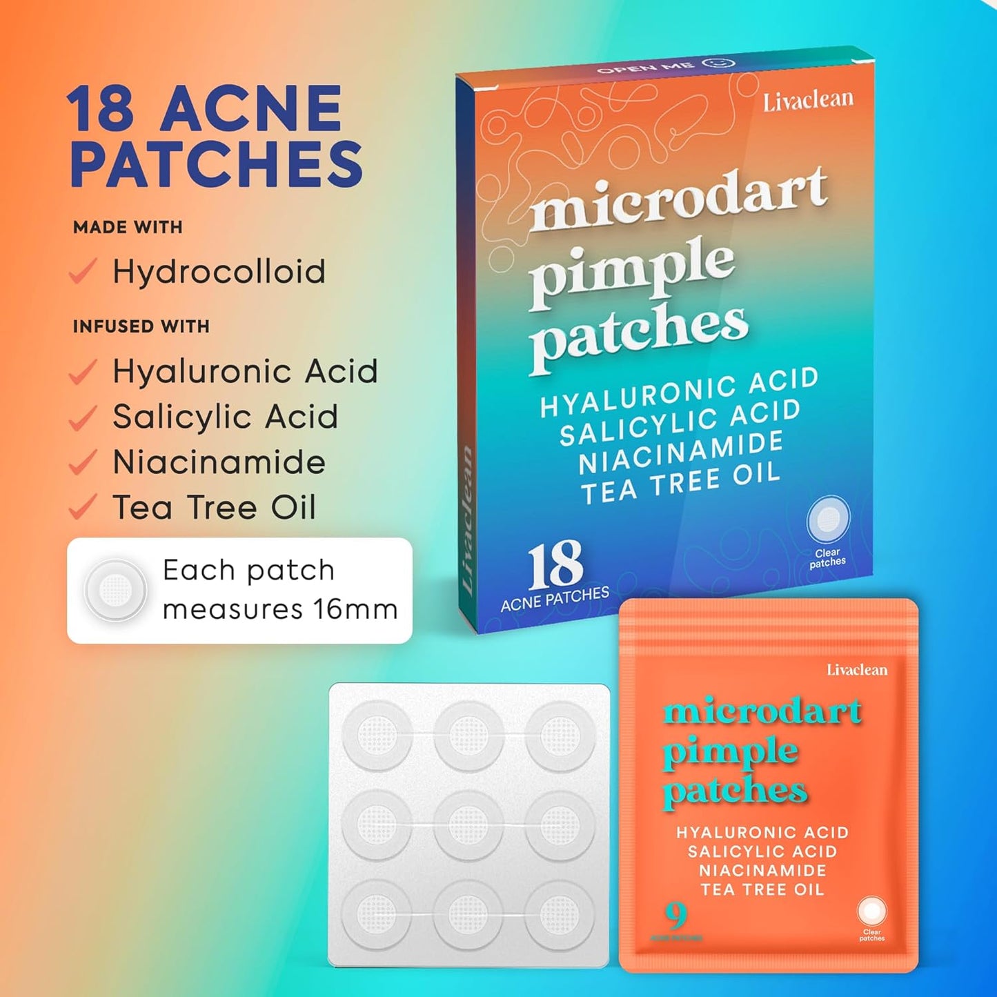 LivaClean 18 CT Microdart Acne Patch – Pimple Patches with Salicylic Acid & Tea Tree Oil – Dark Spot Patches for Face, Blemish Dots, Deep Pimple Patch, Salicylic and Hyaluronic Acid
