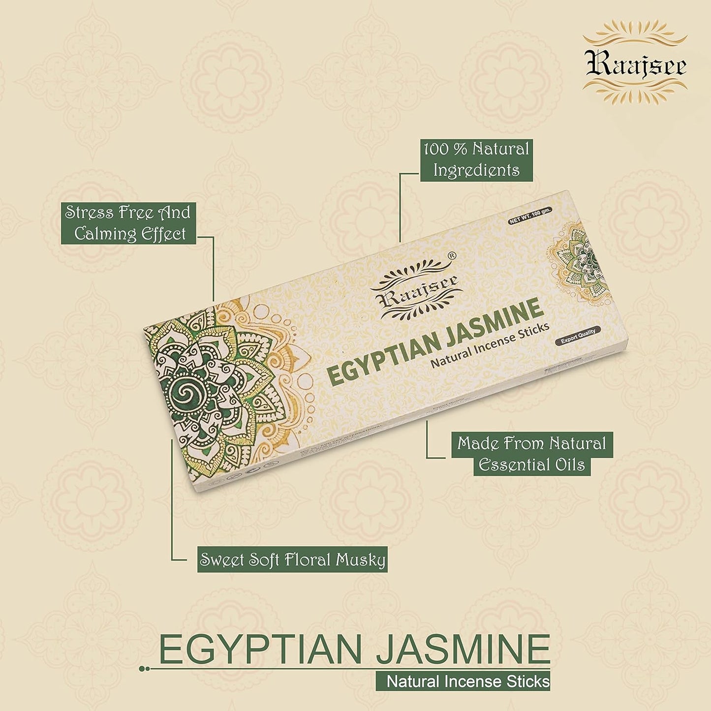 Raajsee Jasmine Flower Natural Incense Sticks 100 Gm Pack-100% Pure Organic Natural Hand Rolled Free from Chemicals-Perfect for Church,Aroma Therapy,Relaxation,Meditation,Positivity,Healing 100gm Pack