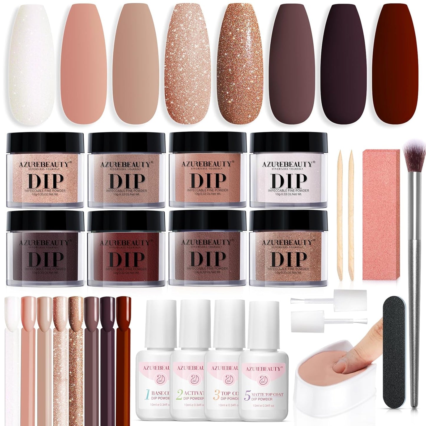 AZUREBEAUTY Dip Nails Powder Starter Kit 8 Colors with Nail Sticks Nude Brown Giltter Shimmer Set Nail Art Base Glossy Matte Top Coat Activator Essential Liquid Manicure DIY Salon 30 PCS