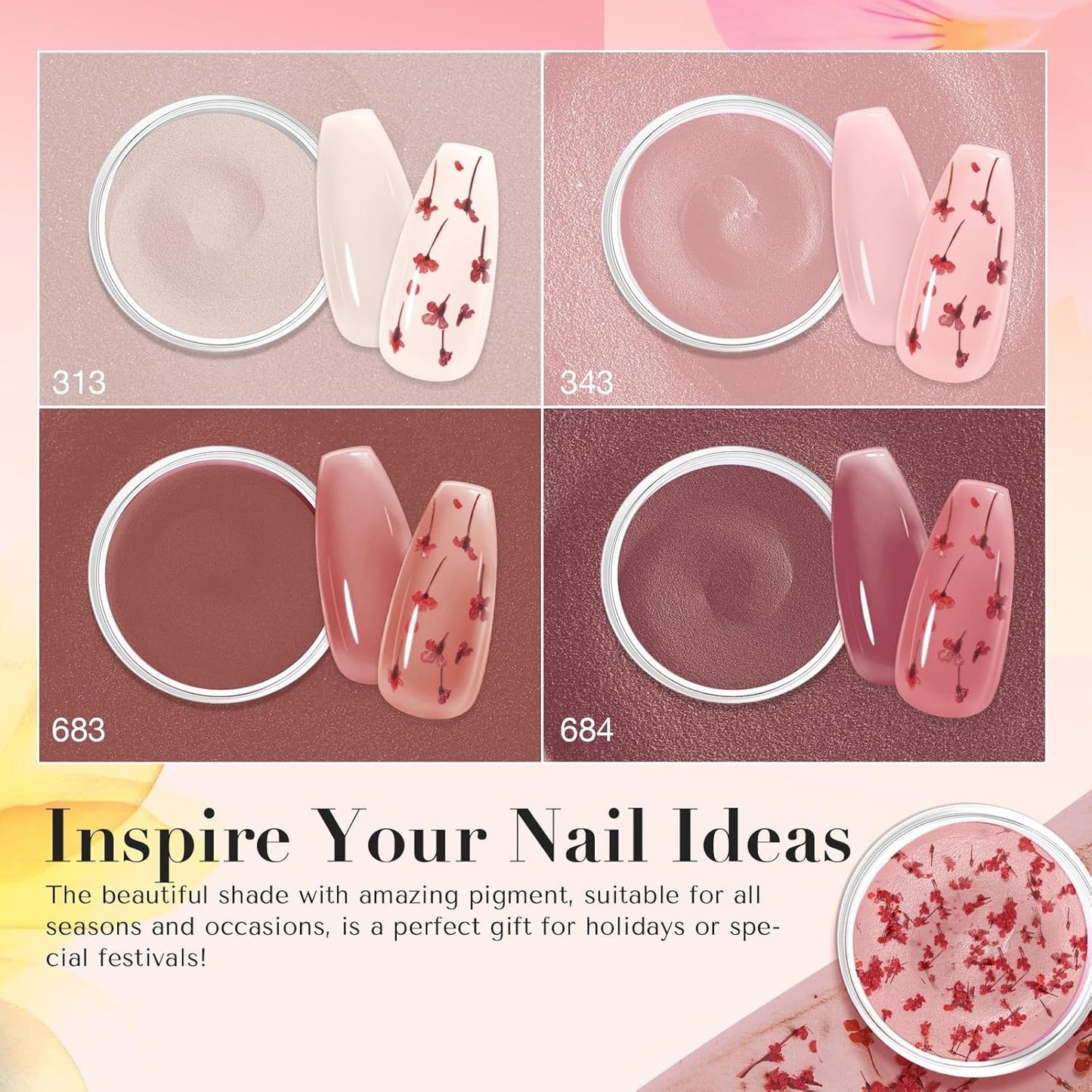 AZUREBEAUTY Dip Powder Nail Kit, 4 Colors Jelly Transparent with Dried Flower Set, Nude Brown Natural Dipping Powder Starter Liquid Set Recycling Tray with Base & Top Coat Activator