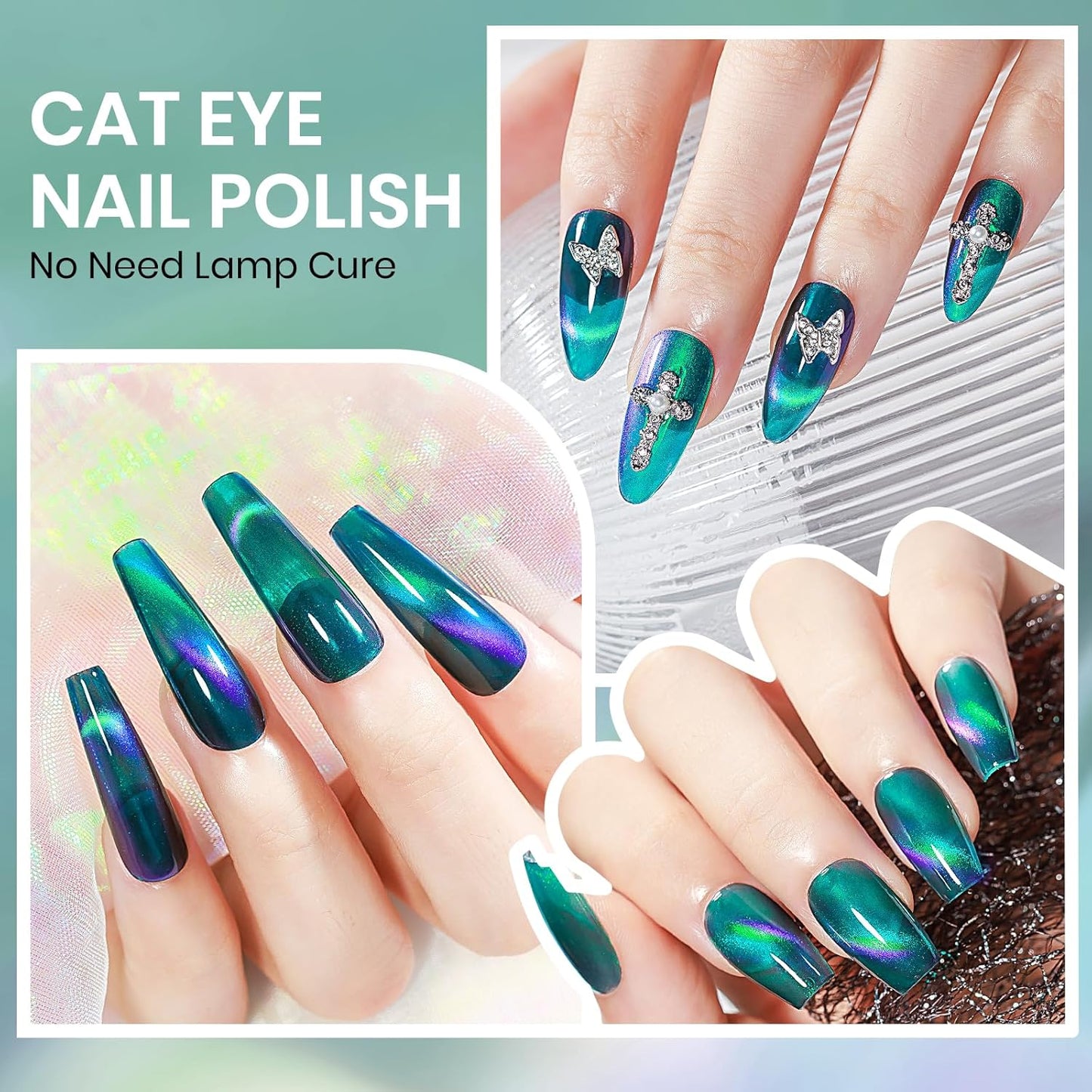 Green Magnetic Nail Polish, Cateye Nail Polish Non Gel Quick Dry Lacquer Manicure Gift For Women Girls 16ml/0.54 oz