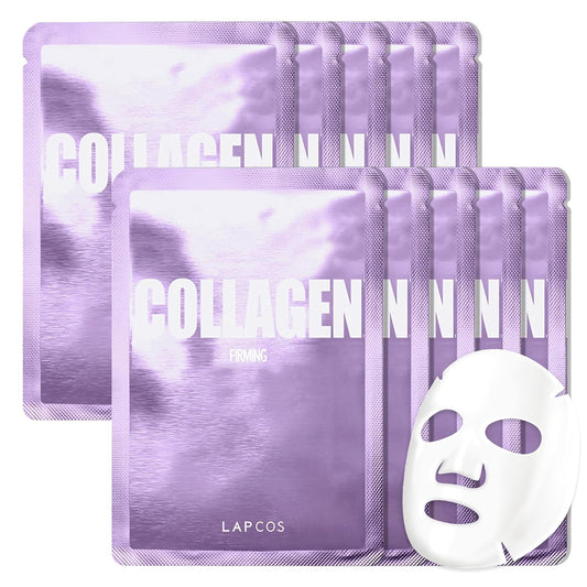 LAPCOS Collagen Sheet Mask, Firming Daily Face Mask with Collagen Peptides for Anti-Aging, Helps to Minimize Wrinkles, Restores Skin Elasticity & Firmness, Hydrating, Korean Beauty, 10-Pack