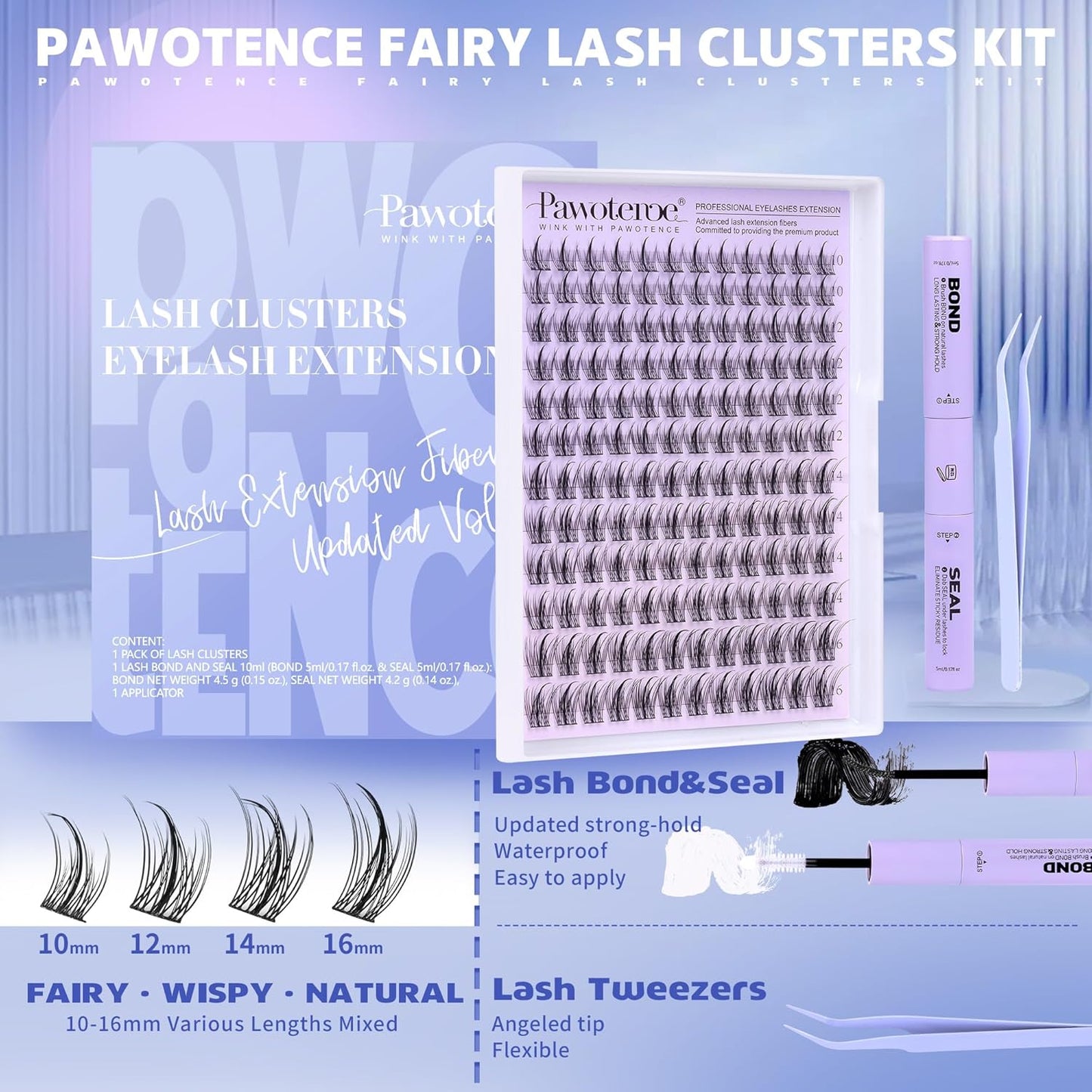 Pawotence Natural Lash Clusters Kit Eyelash Clusters 10-16mm Fairy Cluster Lashes Extension Kit Individual Lashes Cluster Wispy with Lashes Cluster Glue, Tweezers for Cluster Eyelash Extensions Kit