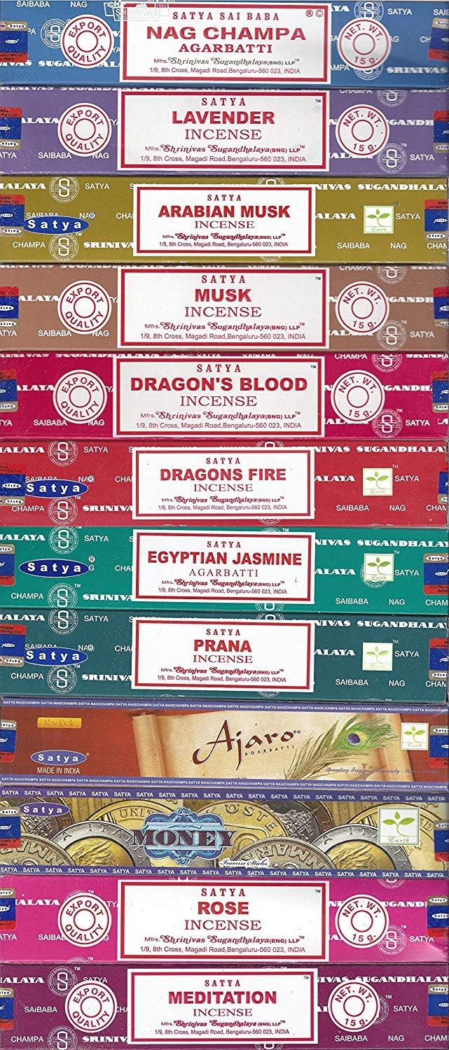 Set of 12 Nag Champa, Lavender, Arabian Musk, Egytian Jasmine, Musk, Dragon&#39;s Fire, Dragon&#39;s Blood, Prana, Ajaro, Money, Rose, Meditation by Satya Incense Bangalore (BNG)