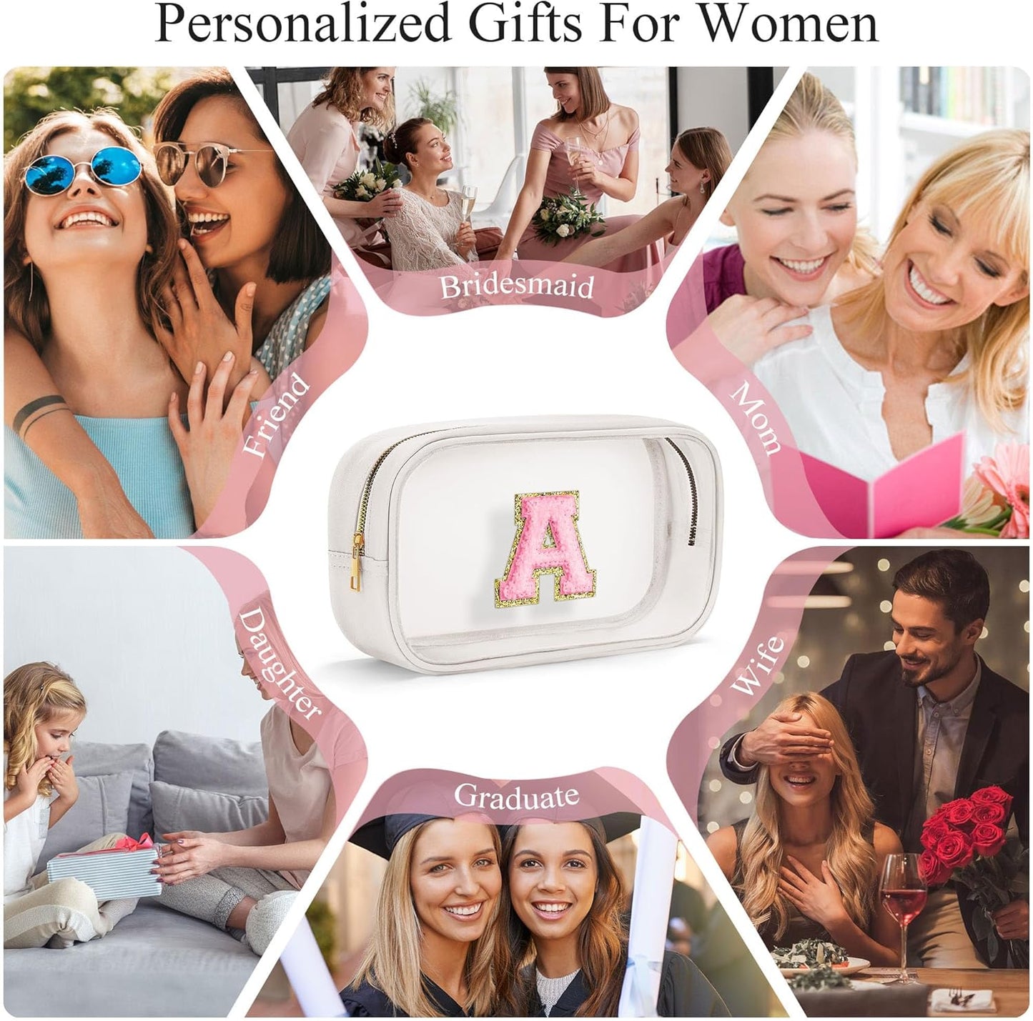 YOOLIFE Initial Travel Makeup Bag Pouch, Clear Toiletry Bag for Women Travel Accessories Cosmetic Bag Skin Care for Teen Make Up Bags Birthday Gifts for Women Unique Teacher Mom Friends Gifts White B