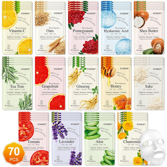 70 Pack Sheet Face Masks Skincare, Hydrating Face Masks Suitable for All Skin Types, Bulk Facial Mask Gifts Set for Women Skin Care, Home Skincare Spa for Sensitive Skin