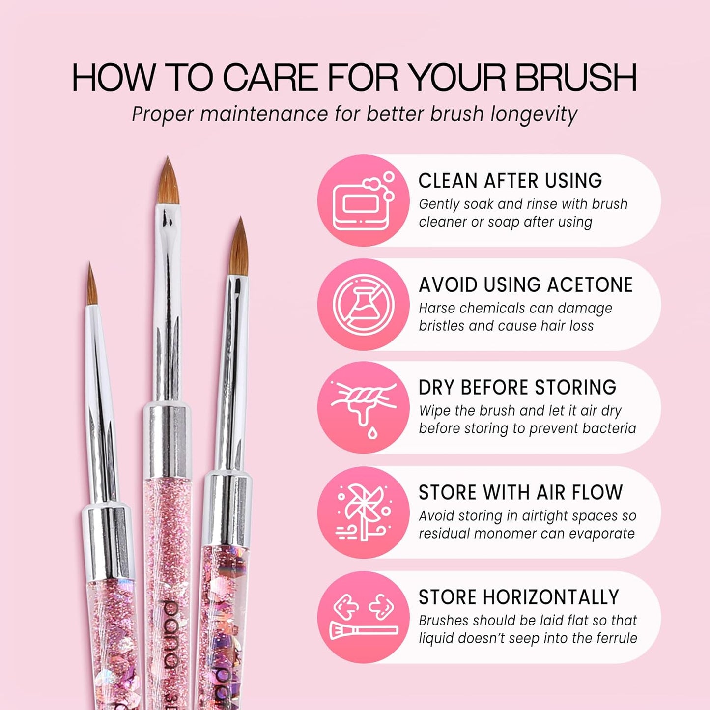 PANA 3D Kolinsky Nail Art Brush - Pink Glitter Handle, Size 5 - Acrylic Nail Art Sculpture Brush for Manicures Pedicure Salon Professional or Beginner