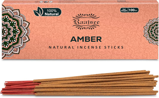Raajsee Amber Incense Sticks 100 Gm Pack-100% Pure Organic - Natural Hand Rolled Free from Chemicals-Insence for Church,Relaxation, Meditation & Sensual Therapy