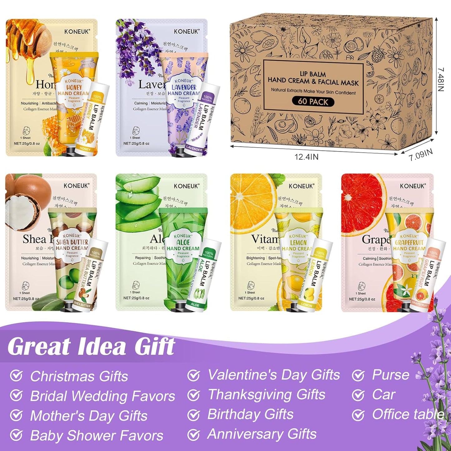 60 Pack Bulk Lip Balm, Facial Mask and Hand Cream Sets, Bridal Shower Favors, Thank You Gifts and Bridesmaid Gifts for Guests, Birthday Gifts, Adult Party Favors and Small Gifts for Women