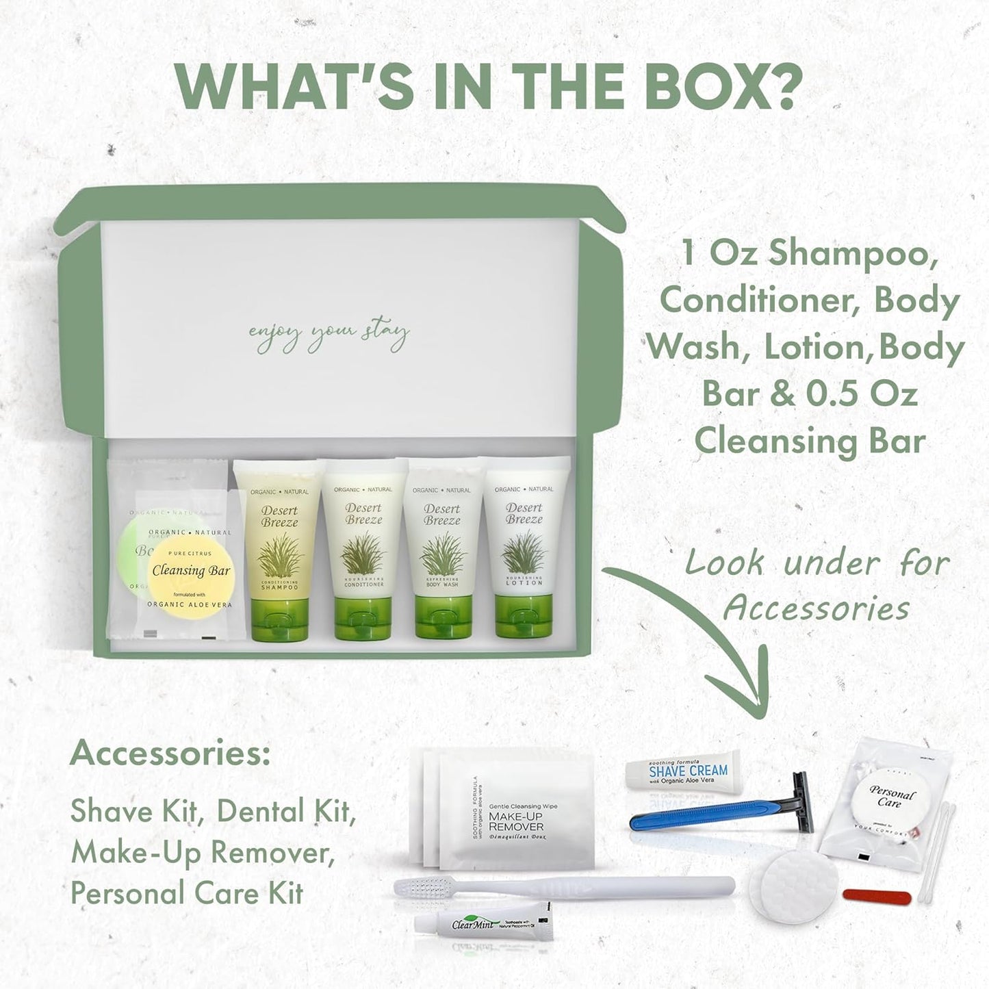 Amenity & Accessory Kit | 1 oz Travel Size Shampoo, Conditioner, Lotion, Body Wash, Body Bar, Cleansing Bar, Shave & Dental Sets, Make-Up Remover Wipes, & Vanity Kit | 1 set per case