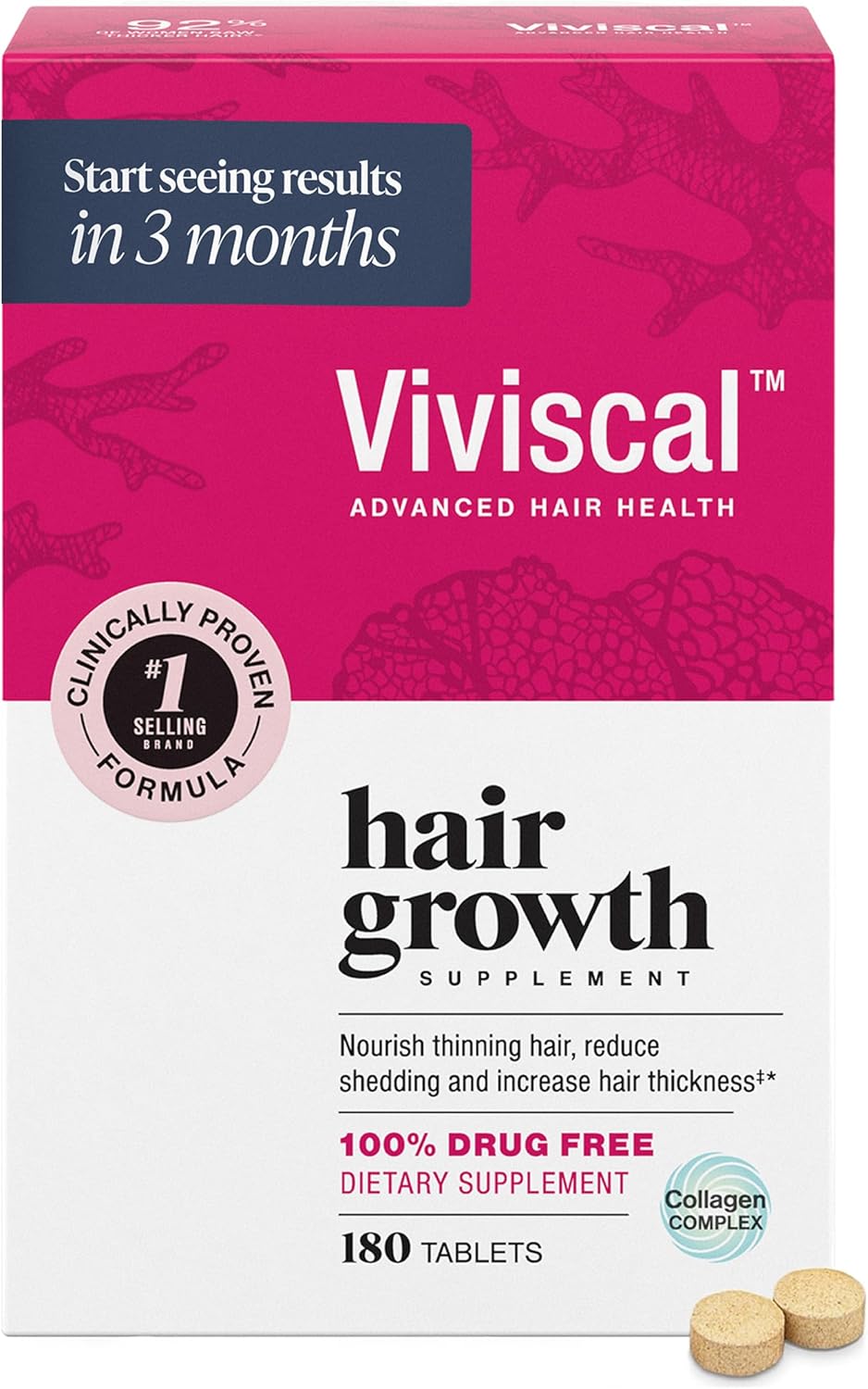 Viviscal Hair Growth Supplements for Women, Thicker Fuller Hair Support for Thinning Hair and Hair Loss, with Biotin and Marine Collagen, Drug-Free, 180 Tablets, 90-Day Supply