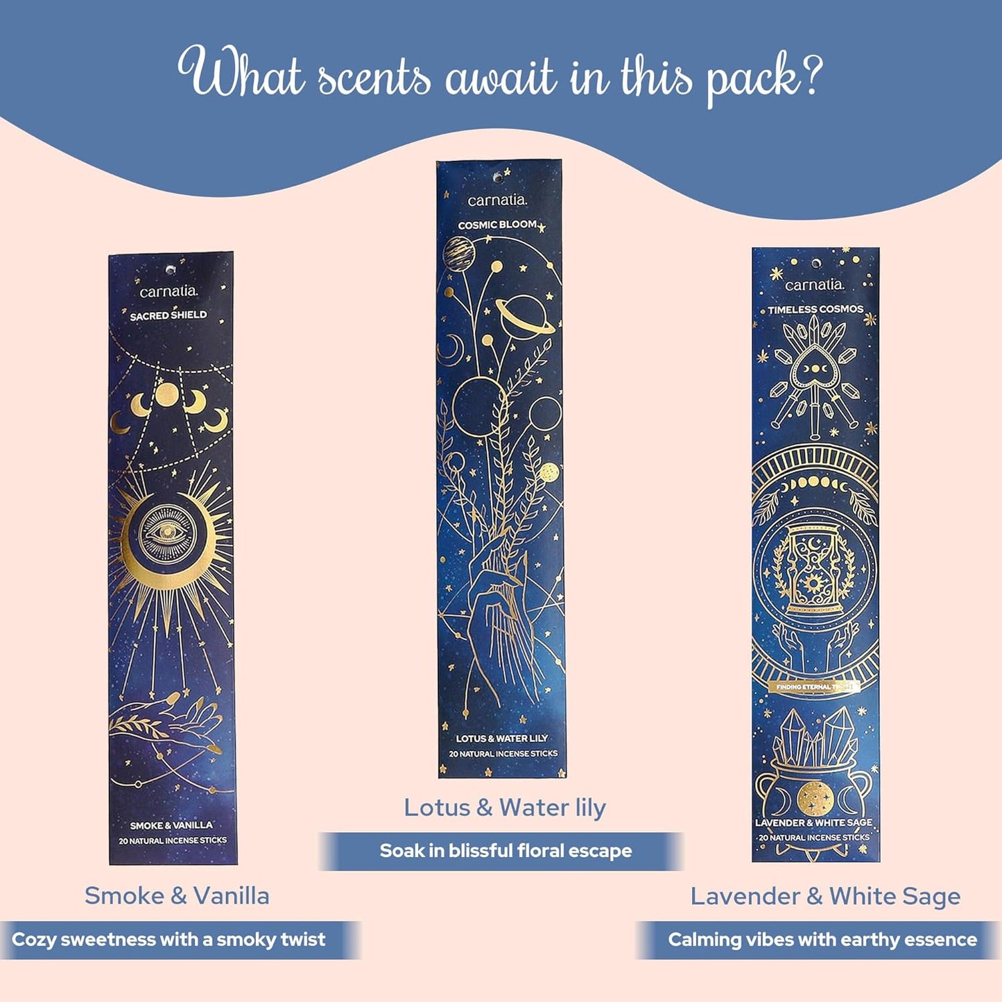 Carnatia Starry Spell Incense Sticks – Set of 6 Mystical Scents, 120 Premium Sticks for Creativity, Focus, Manifestation & Meditation | Natural, Slow-Burning for Spiritual Rituals & Self-Care!