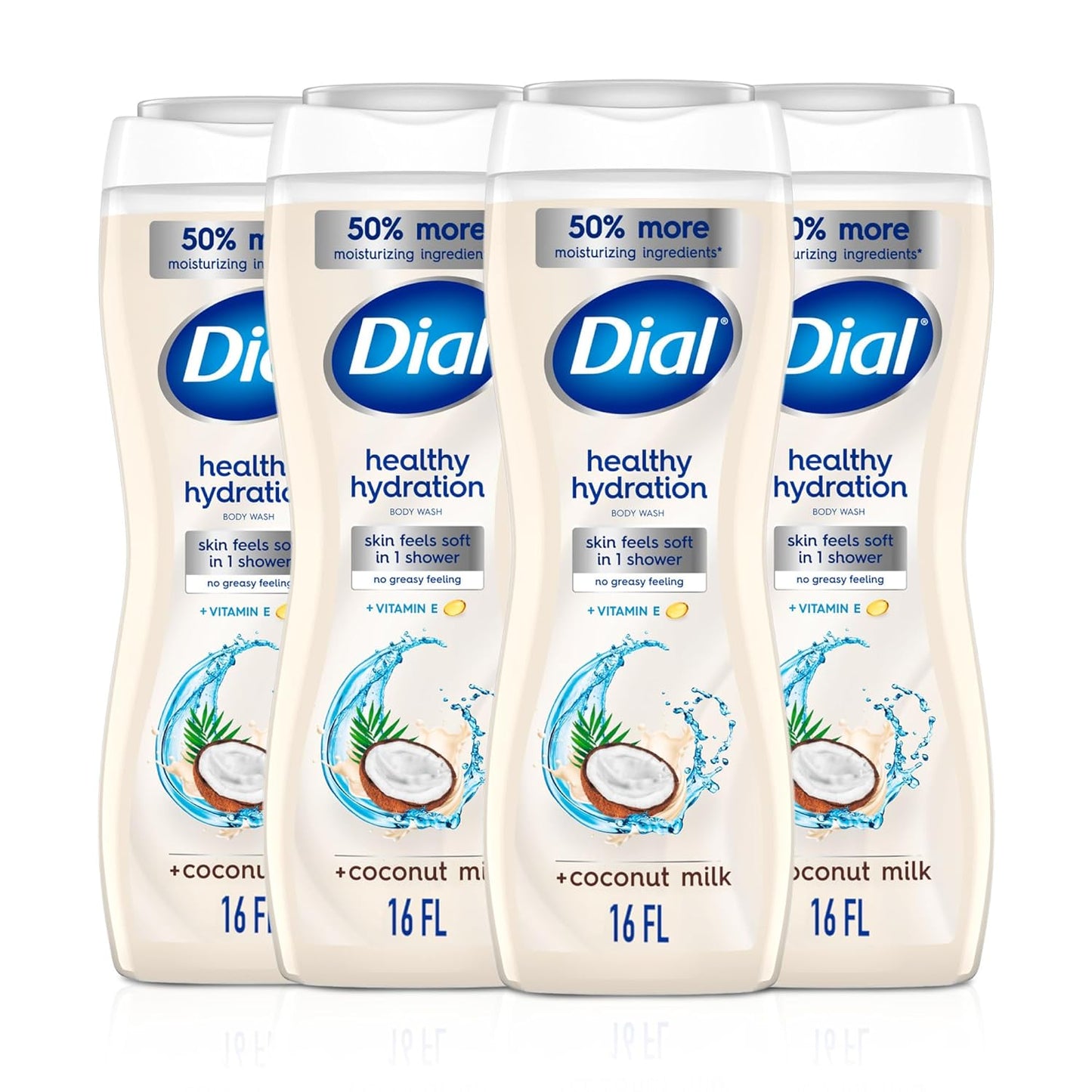 Dial Body Wash, Healthy Hydration, Coconut Milk plus Vitamin E, 16 fl oz (Pack of 4)