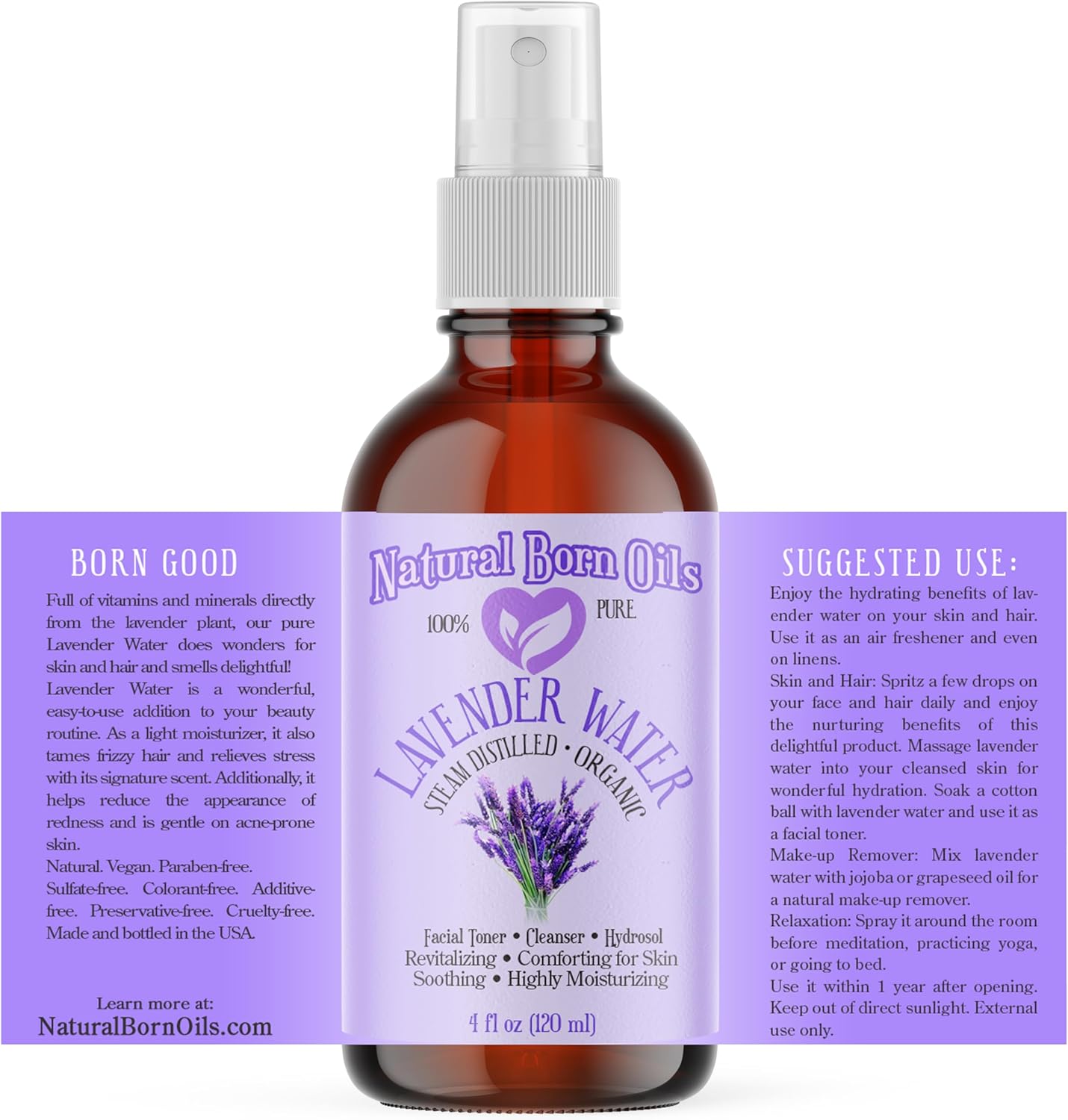 Natural Born Oils 4oz Lavender Water Hydrosol, 100% Pure and Natural, Organic, Steam-distilled, Facial Toner Cleanser, with Sprayer