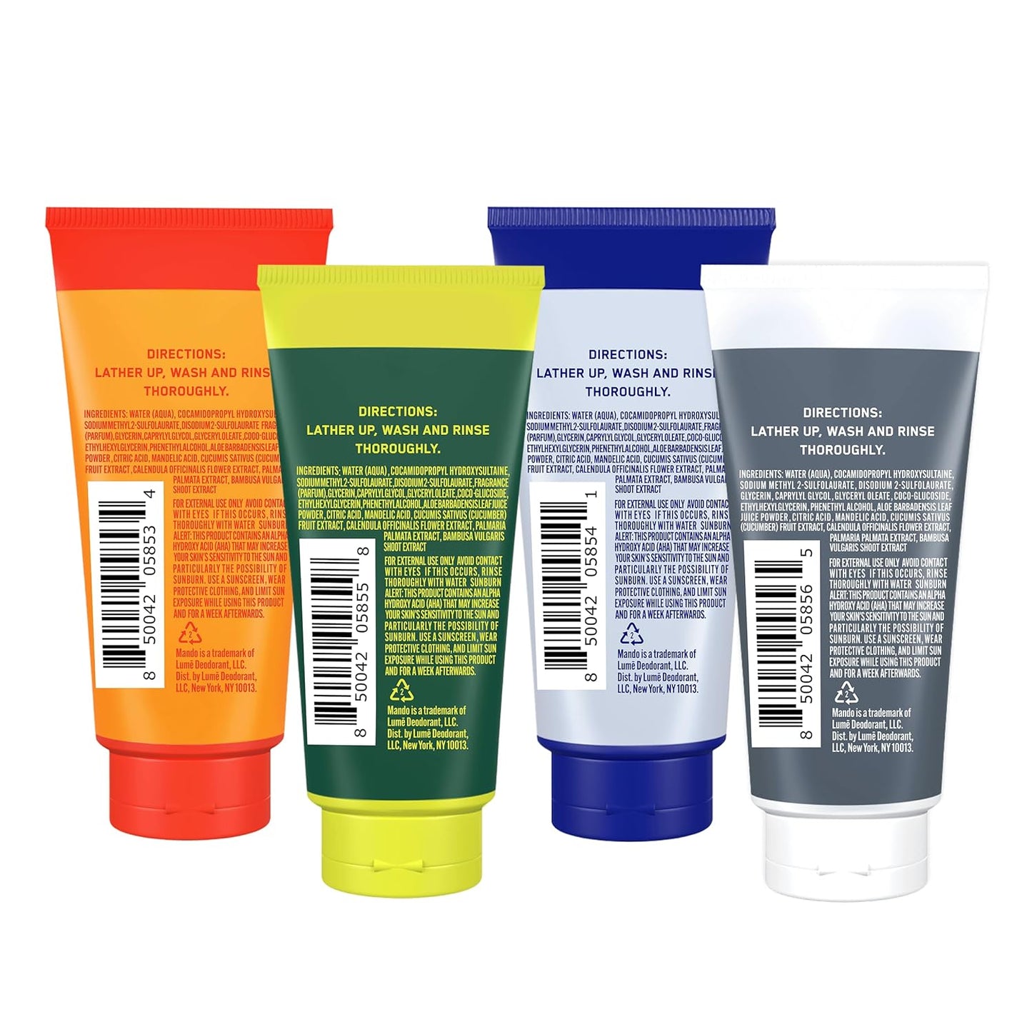 Mando Mini Body Wash - 24 Hour Odor Control - Removes Odor Better than Soap - 1.5 Ounce Tubes (Pack of 4, in 4 scents: Bourbon Leather, Pro Sport, Mt Fuji, Unscented)