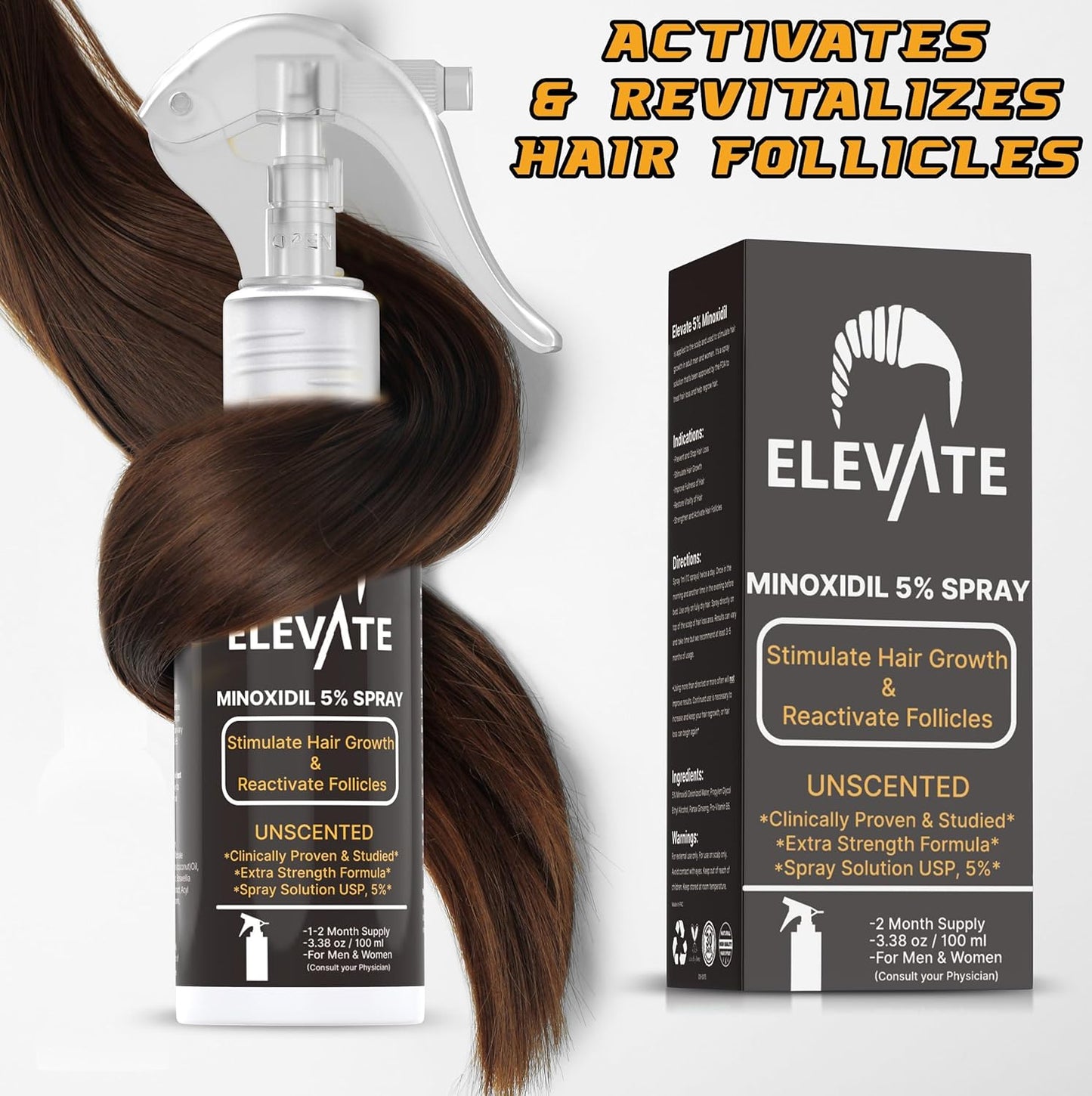 Elevate Hair Regrowth Treatment 5% Minoxidil Spray - Extra Strength Formula Professional Treatment for Hair Loss and Thinning for Regrowth - Stimulate Follicles for Men and Women 1 Month Supply