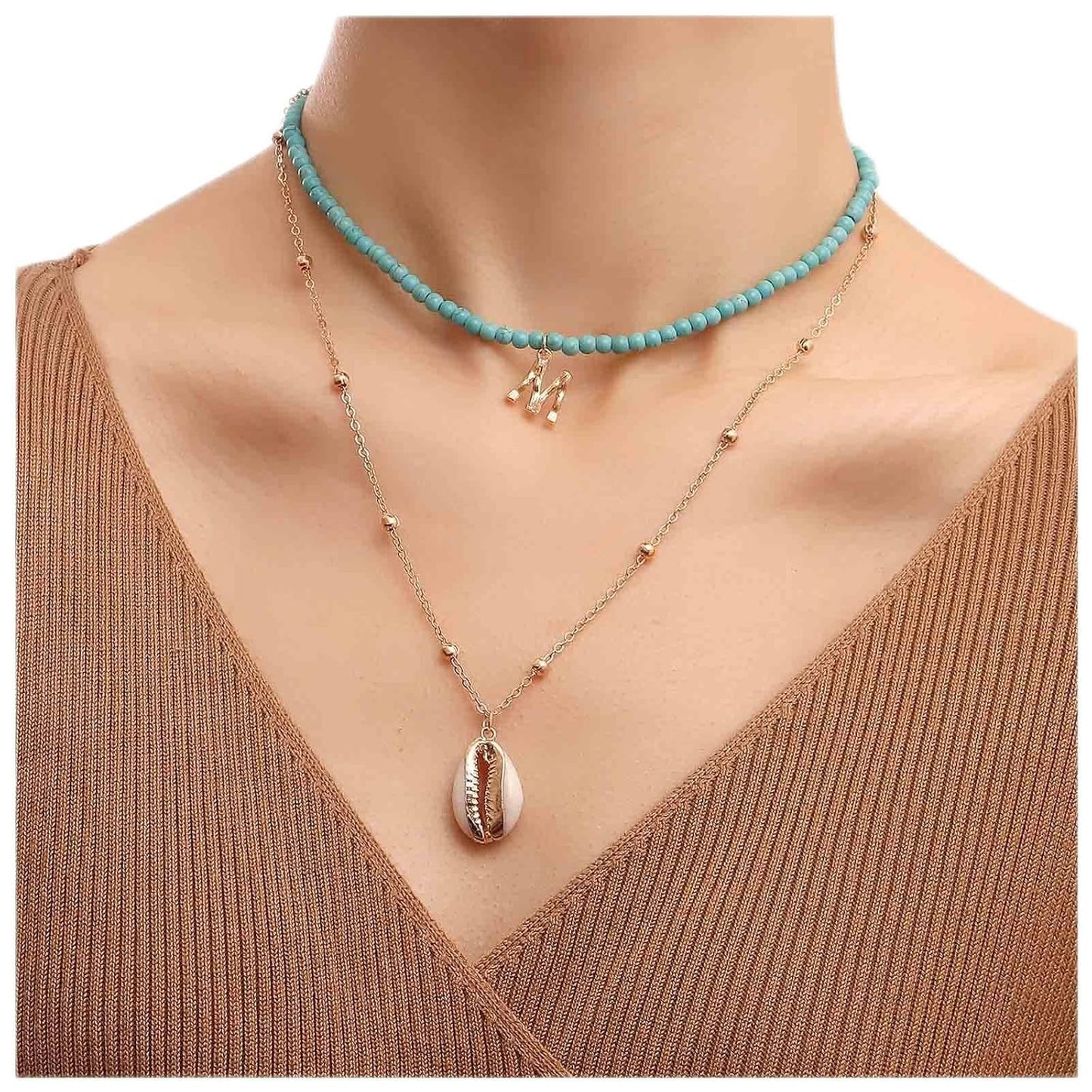 Bohemia Turquoise Beaded Choker Necklace Layered Shell Pendant Necklace Gold Letter Clavicle Necklace Double Layer Satellite Chain Necklace Jewelry for Women and Girls