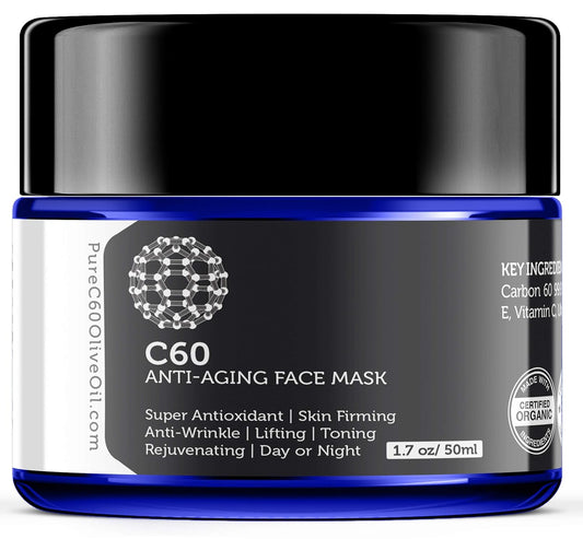 C60 Anti-Aging Face Mask 50ml with Green Tea, Aloe, Ubiquinone (CoQ 10), Vitamin E and Vitamin C for Men & Women Made with Organic Ingredients - From The Leading Global Producer