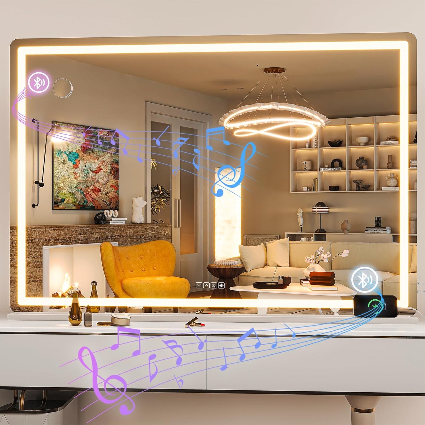 Hasipu Vanity Mirror with Lights and Bluetooth Speaker, 55.1" x 35.8" LED Makeup Mirror, Lighted Makeup Mirror with Dimmable 3 Modes, Touch Screen Control Vanity Mirror Round White