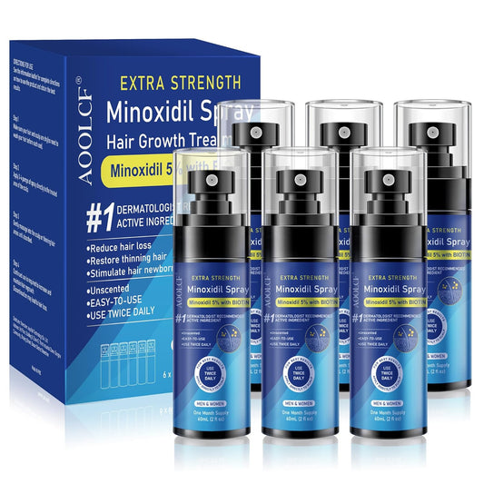 5% Minoxidil Spray for Men and Women, Infused with Biotin, for Hair Regrowth Treatment, Beard Growth, Extra Strength Treatment to Combat Hair Loss and Thinning, 6 Month Supply, 6 Bottles